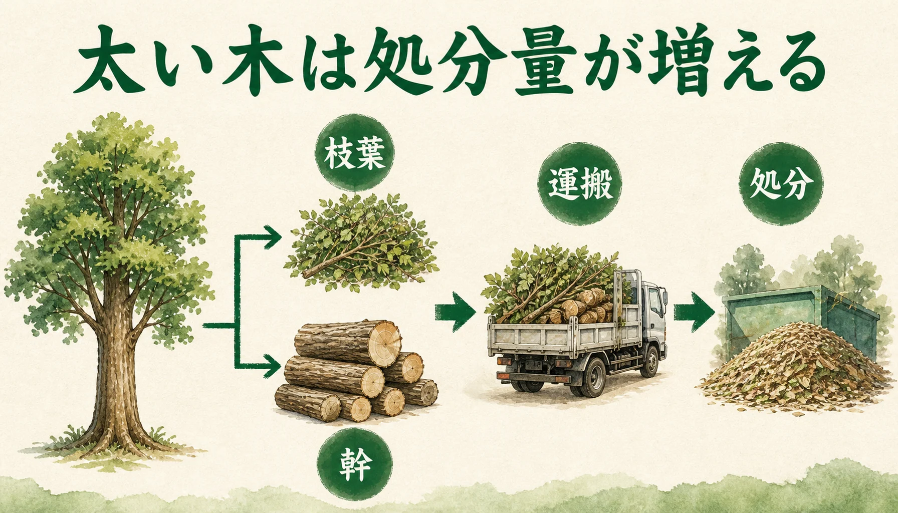 高木伐採で処分費が増える理由を示す図