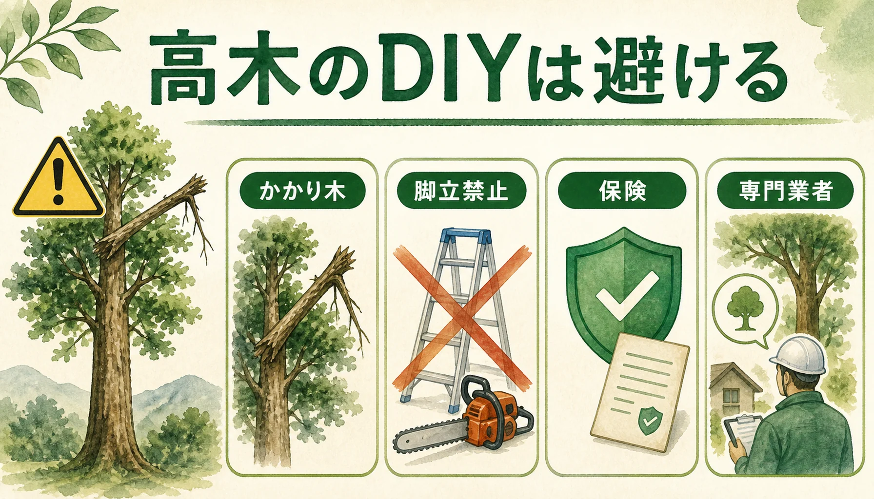 高木伐採を自分で行う危険性を示す図