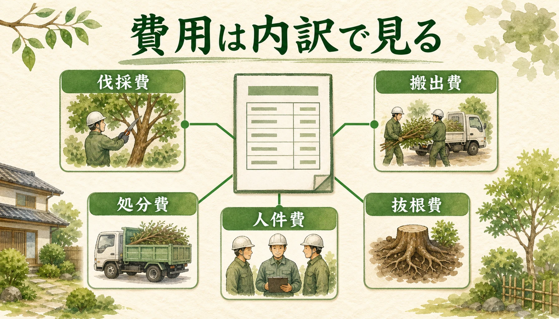 庭木の伐採費用が伐採費・搬出費・処分費・人件費で組み立てられていることを示す図