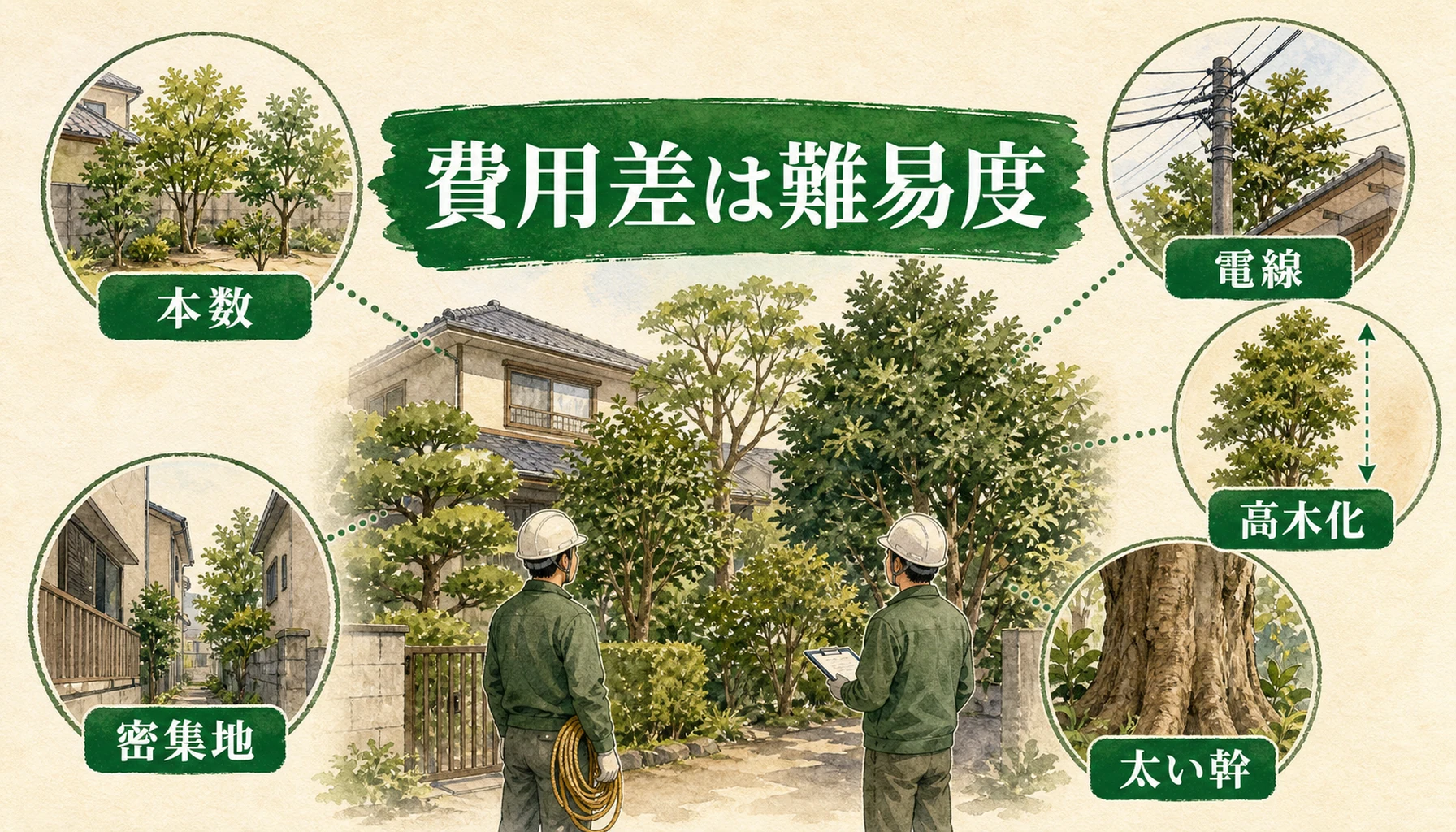 庭木の伐採費用が本数より作業の難易度で上下することを示す図