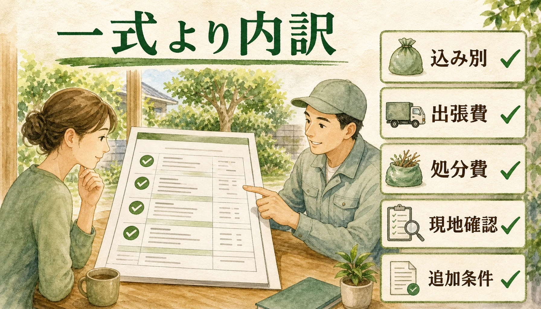 庭木の伐採の見積書で確認すべき項目を示す図
