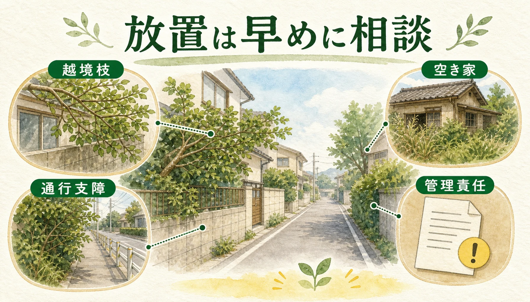 庭木を放置したときに起きるリスクを示す図