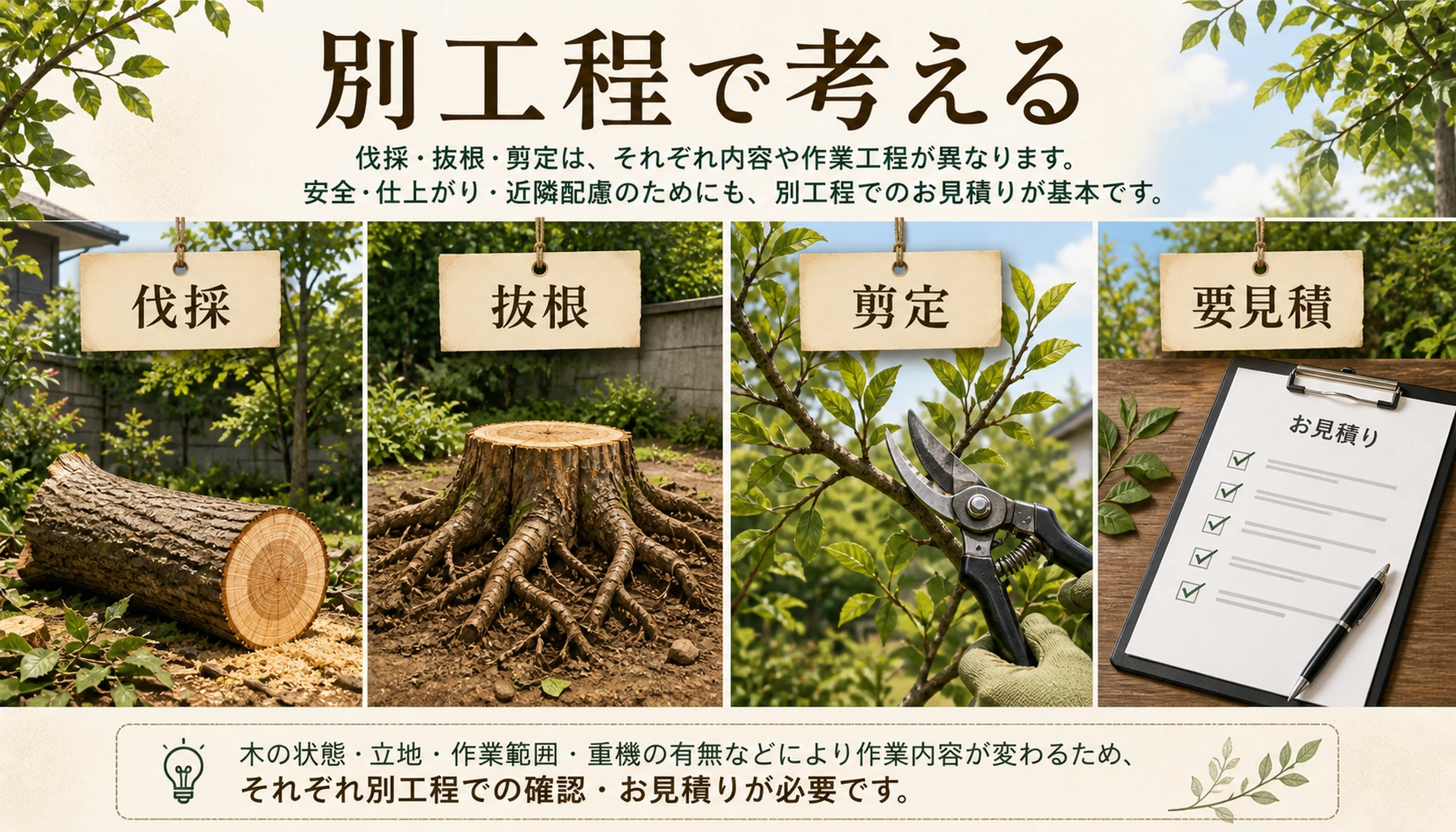 伐採、抜根、剪定は別工程として費用を見る必要があることを示す図