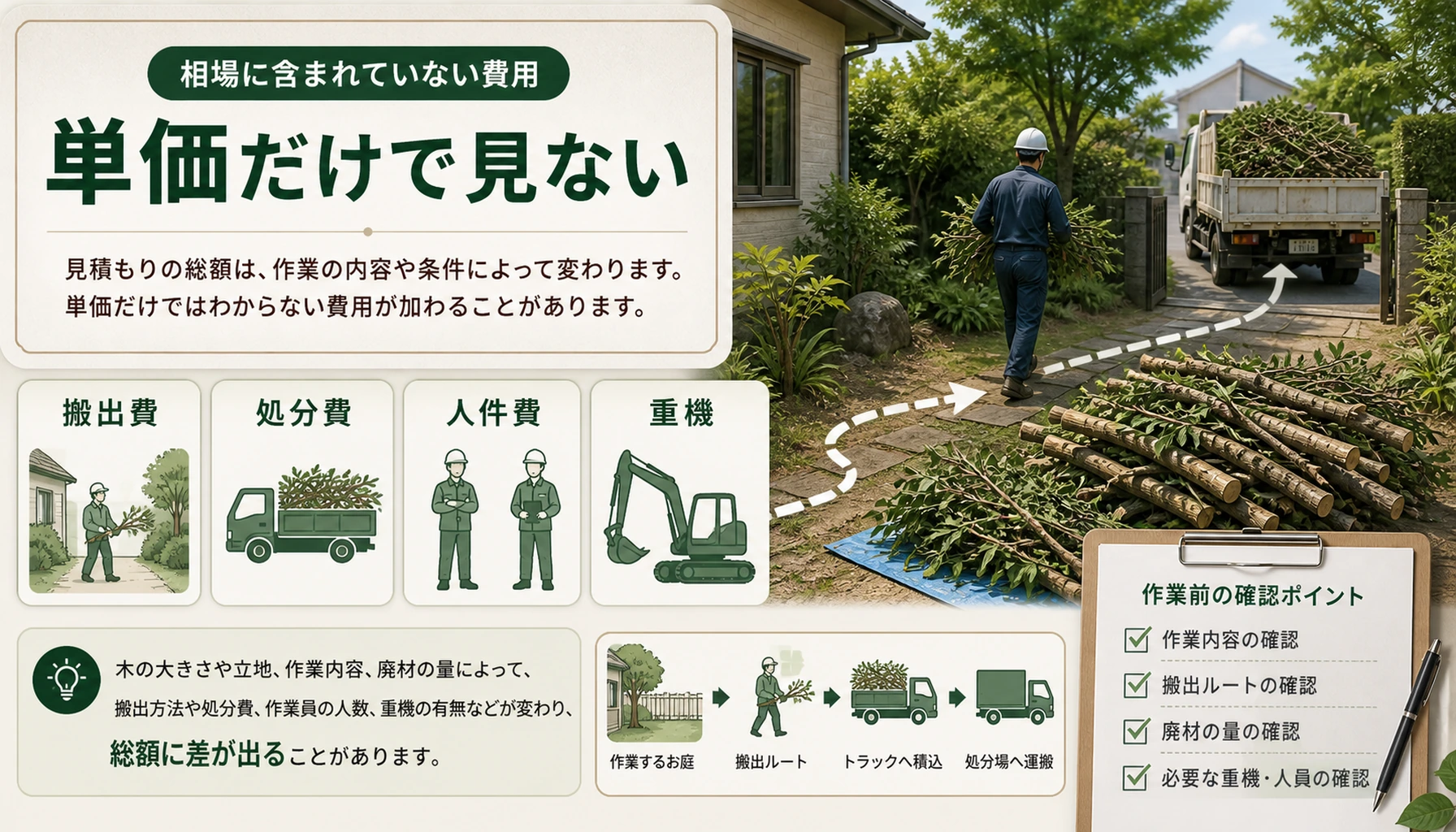 伐採費用の相場には搬出費、処分費、人件費、重機代が含まれないことがあると示す図