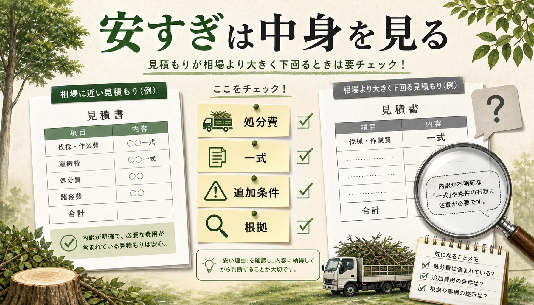 相場より安い伐採見積もりは処分費や一式表記、追加条件、根拠を確認する必要があることを示す図