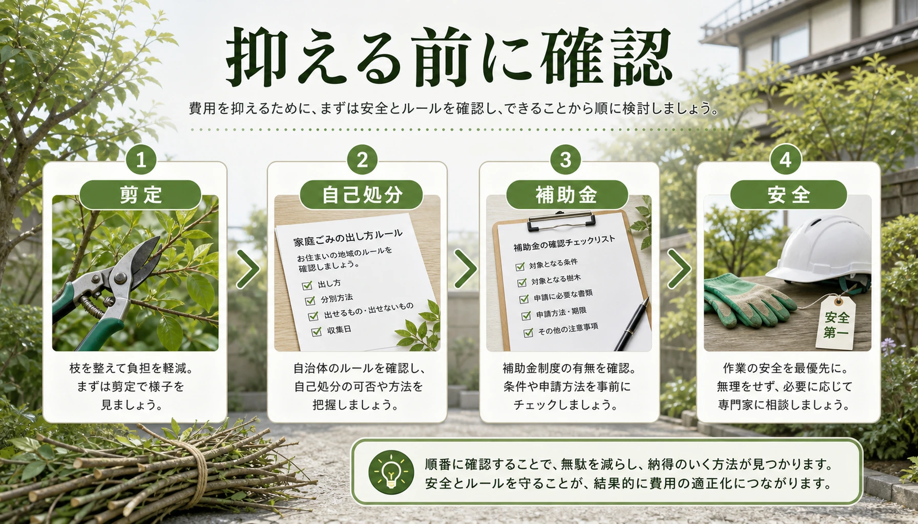 伐採費用を抑える方法として剪定、自己処分、補助金、安全確認を示す図
