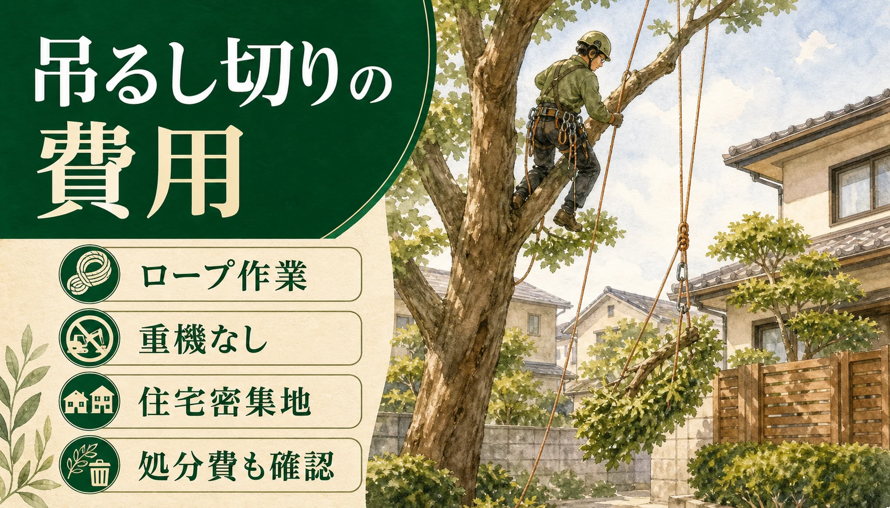 吊るし切り伐採の費用｜ロープで吊り下ろす工法はいくらかかるのか