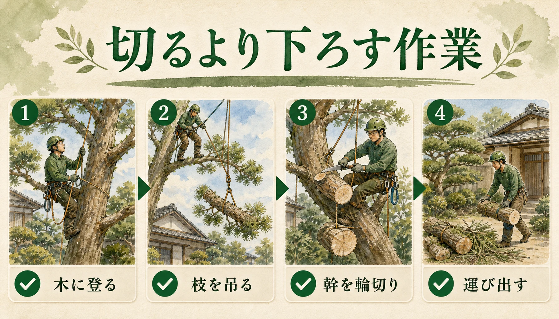 吊るし切り伐採で枝や幹をロープで下ろす作業工程