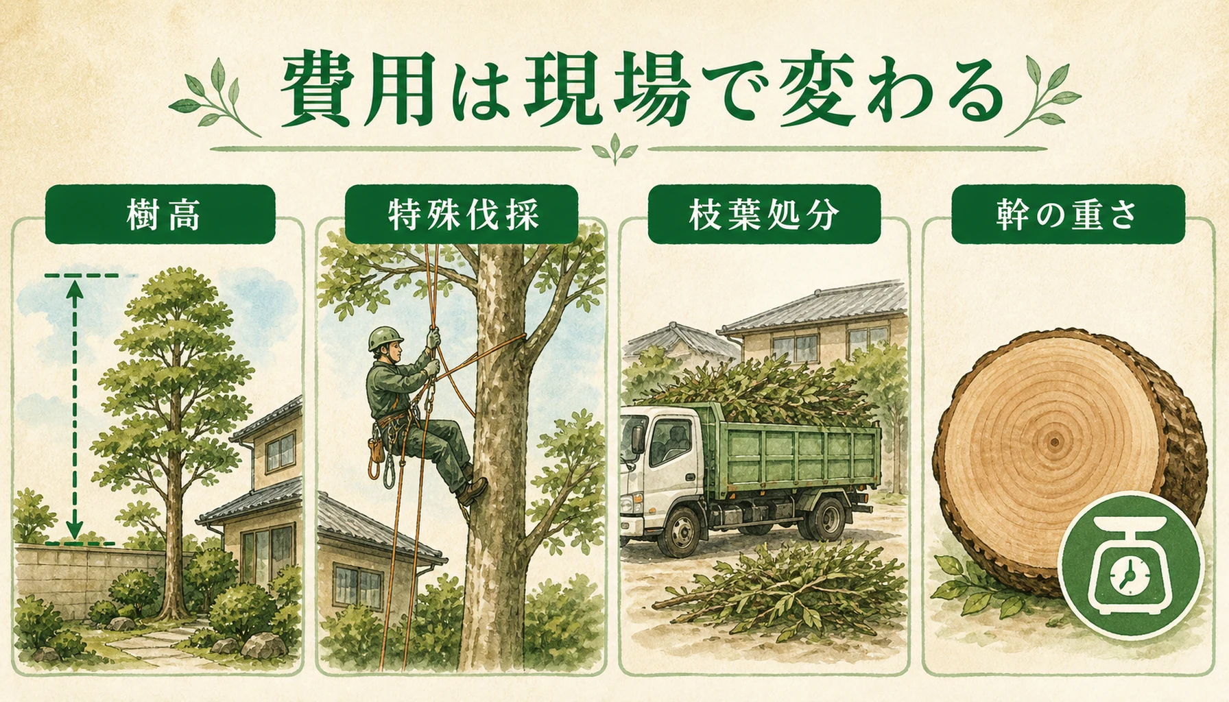 吊るし切り伐採の費用が樹高や処分量で変わる説明