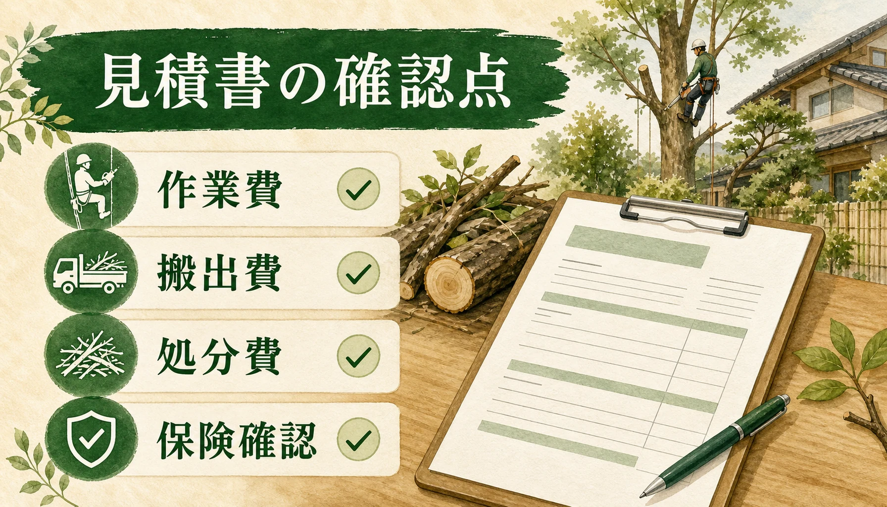 吊るし切り伐採の見積書で確認する作業費や処分費