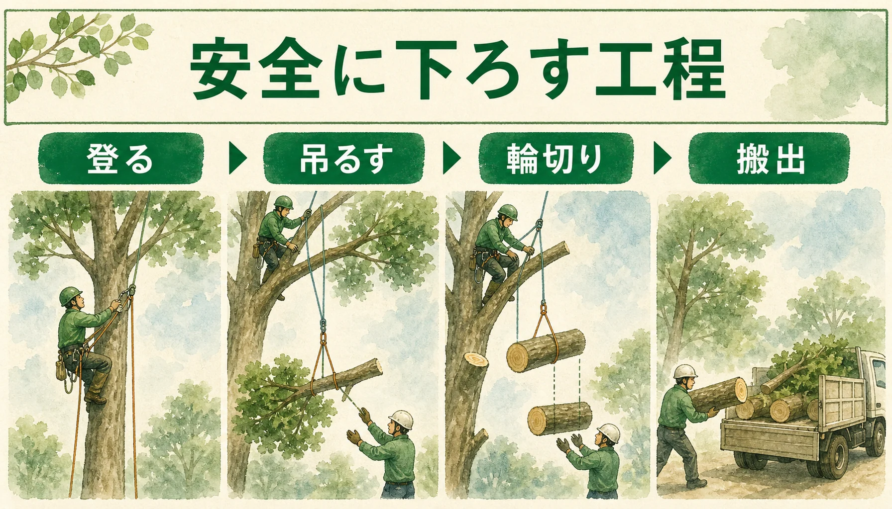 ロープアクセスと吊り切りの工程を示す図