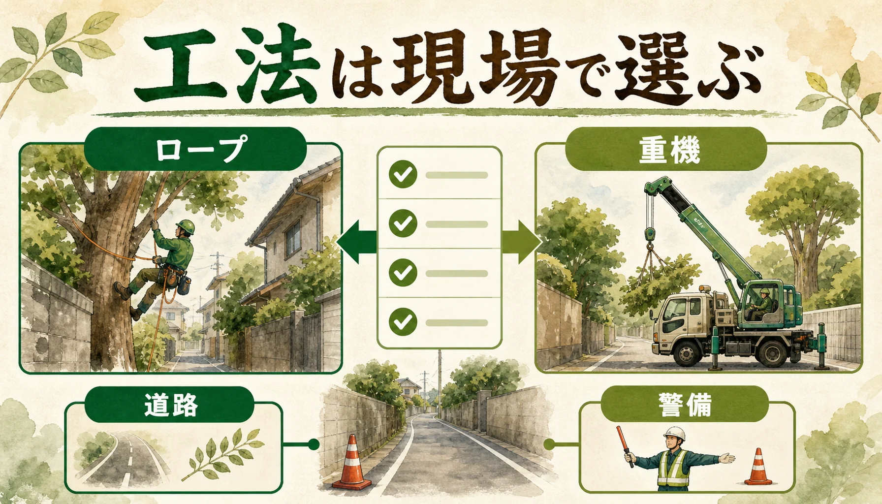 ロープと重機の工法選択を示す図
