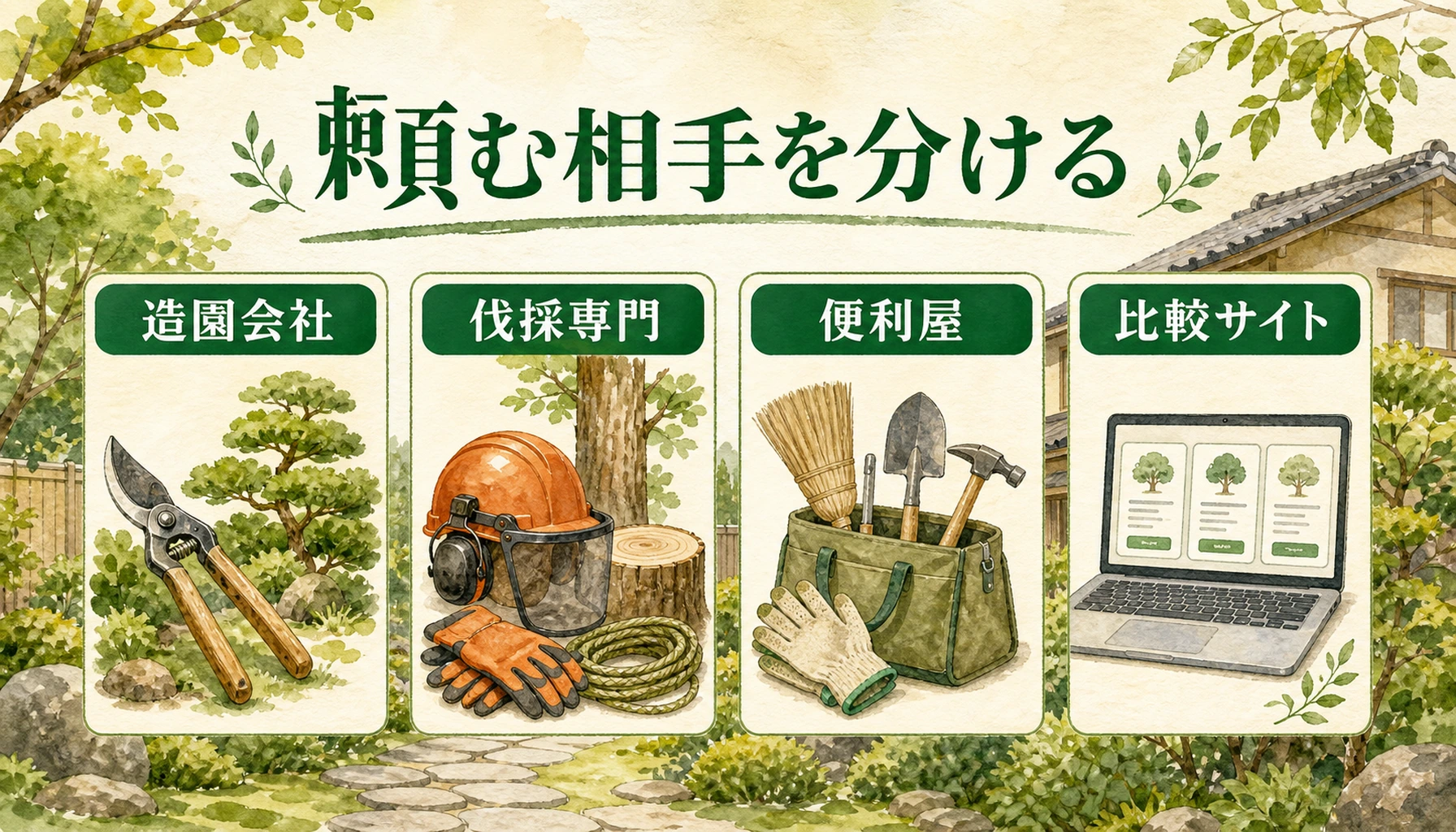 伐採を頼める相手として造園会社、伐採専門、便利屋、比較サイトの違いを示す図