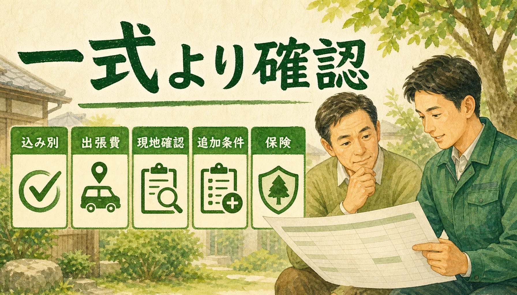 伐採業者の見積書で込み別、出張費、現地確認、追加条件、保険を確認する図