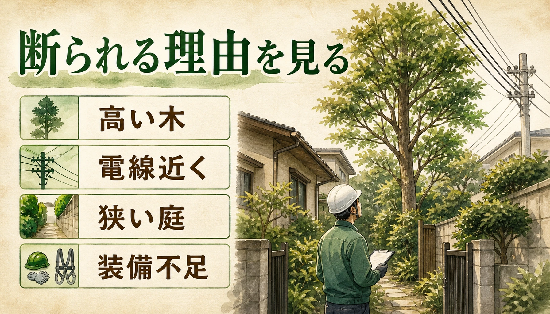伐採業者に断られる理由として高い木、電線近く、狭い庭、装備不足を示す図