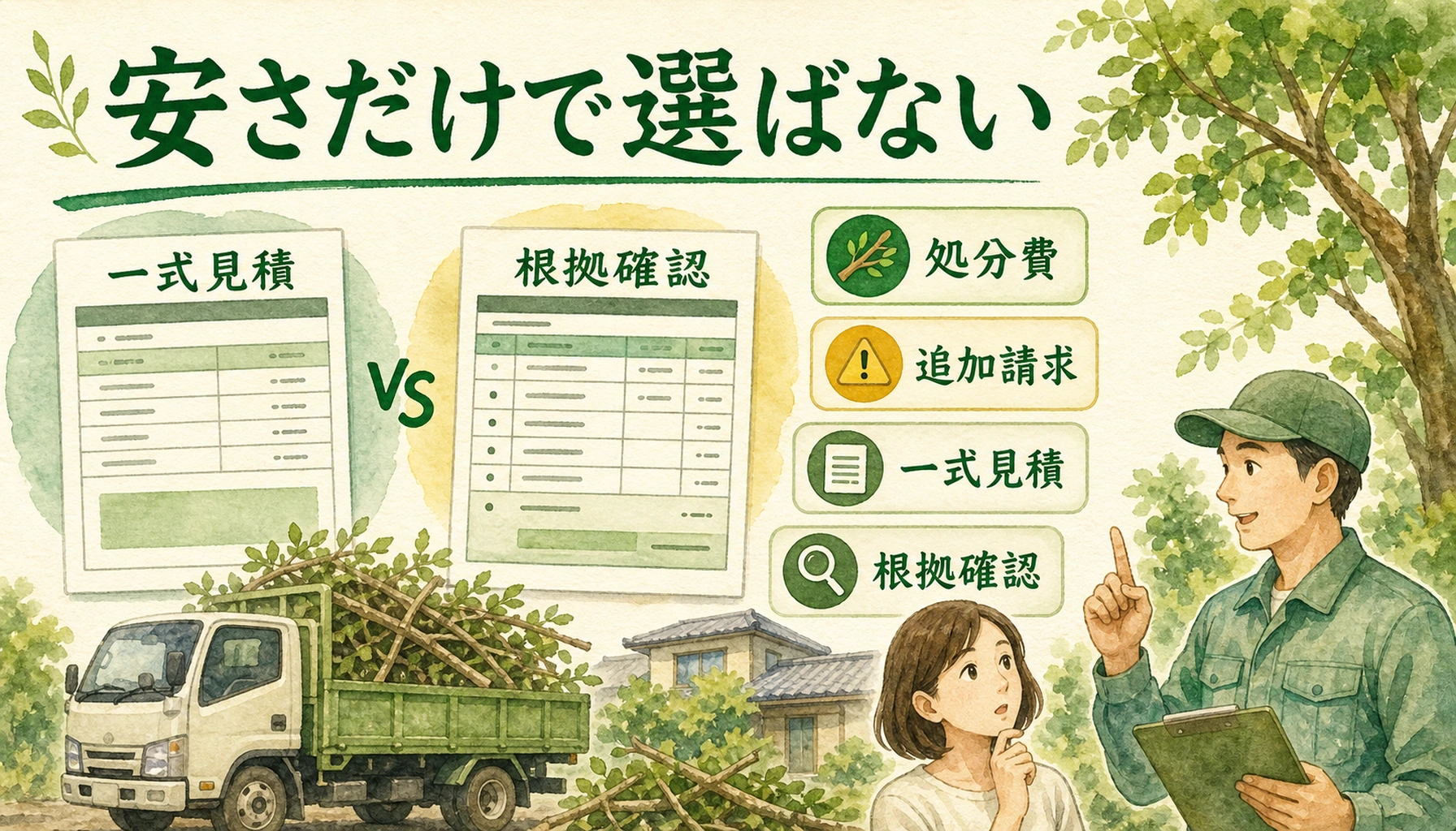 安すぎる伐採見積もりでは処分費や追加請求、一式見積もりの根拠確認が必要なことを示す図
