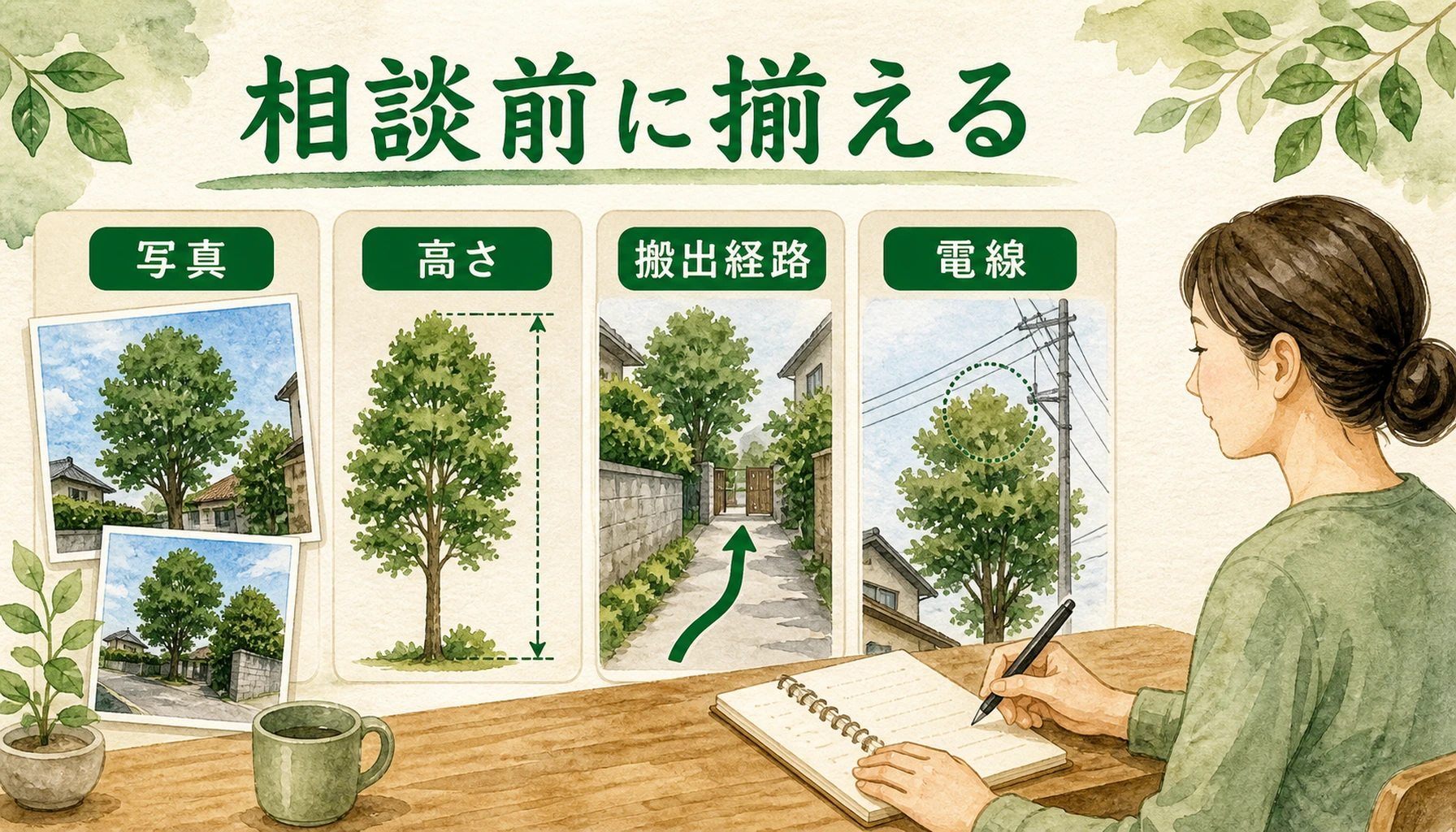 伐採業者に相談する前に写真、高さ、搬出経路、電線の情報を揃える図