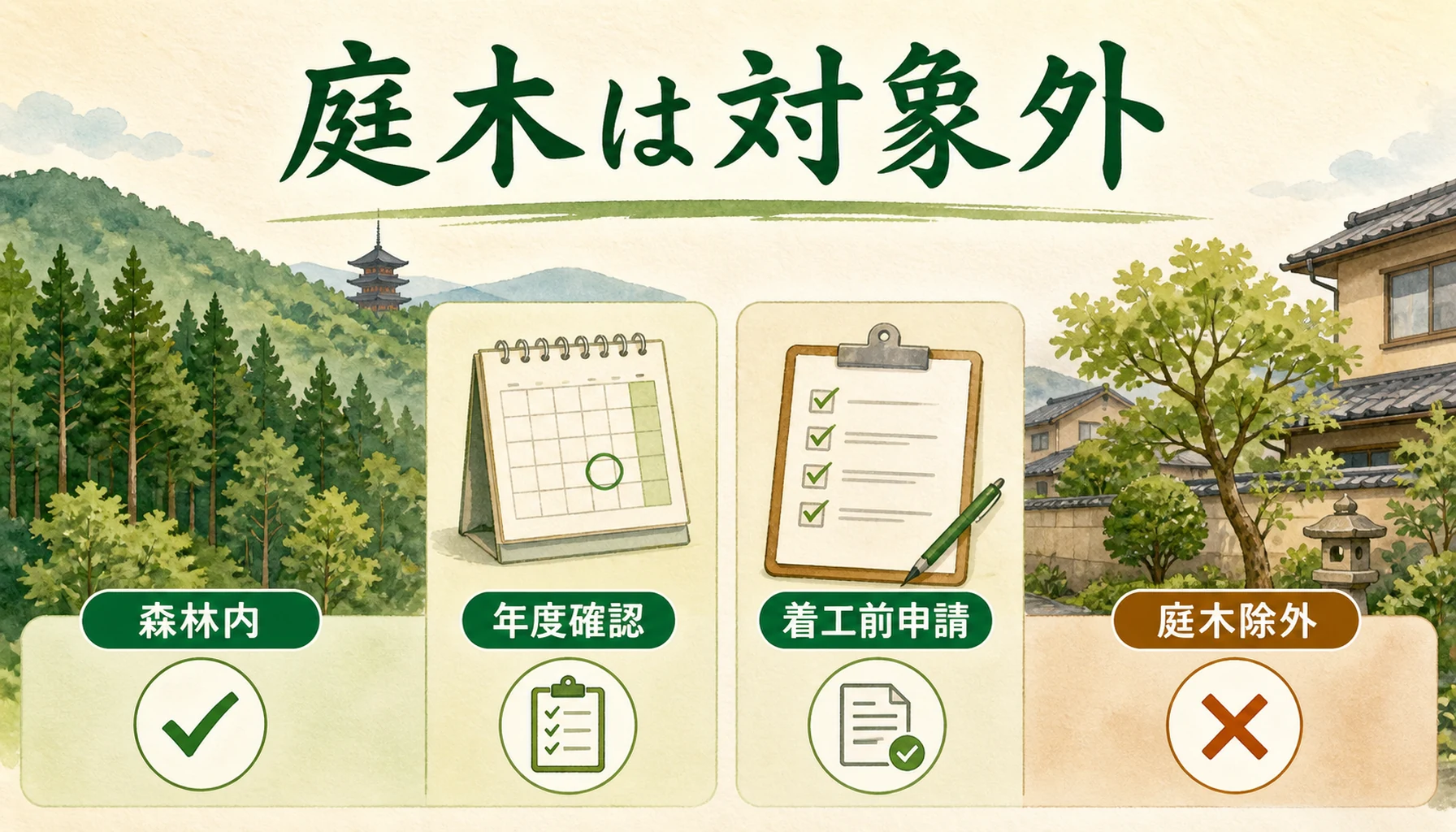 京都市の危険木伐採支援制度が森林内対象で庭木は対象外であることを示す図解