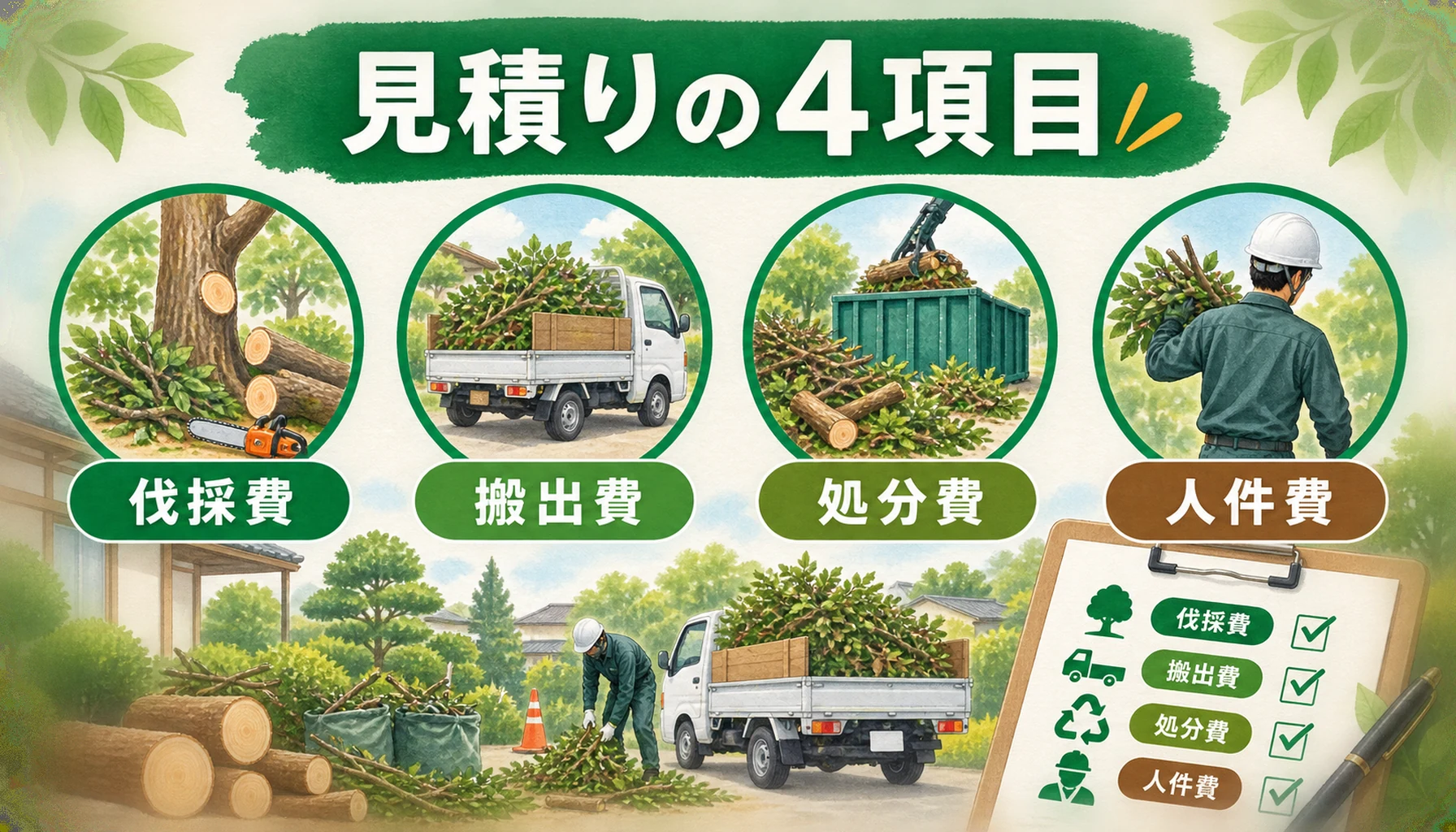 伐採見積もりの伐採費・搬出費・処分費・人件費を示す図解