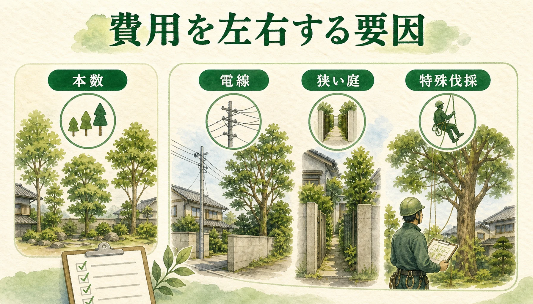 伐採費用が本数と作業難易度で変わることを示す図解