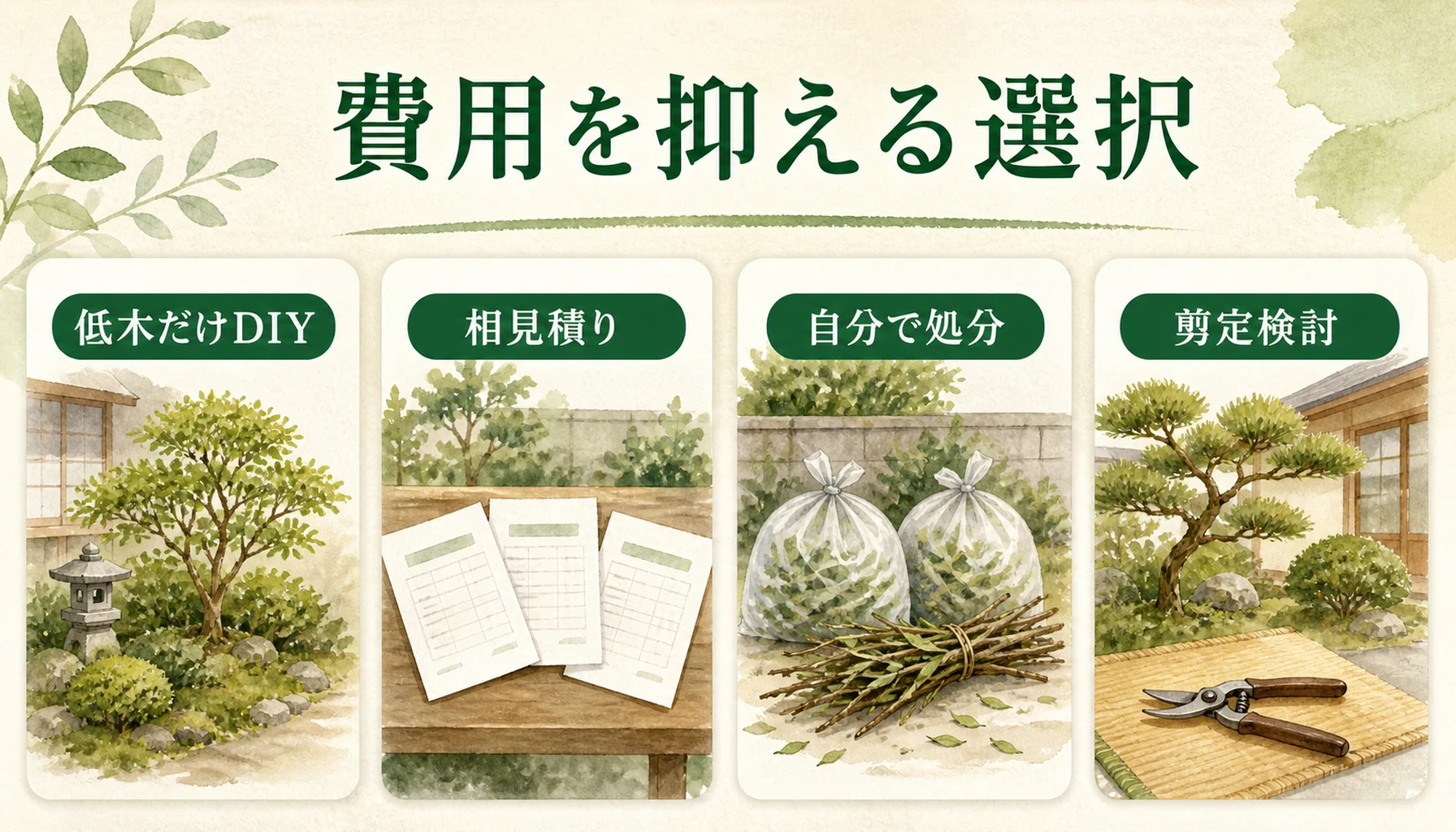 伐採費用を抑えるためのDIY・相見積もり・処分・剪定検討を示す図解