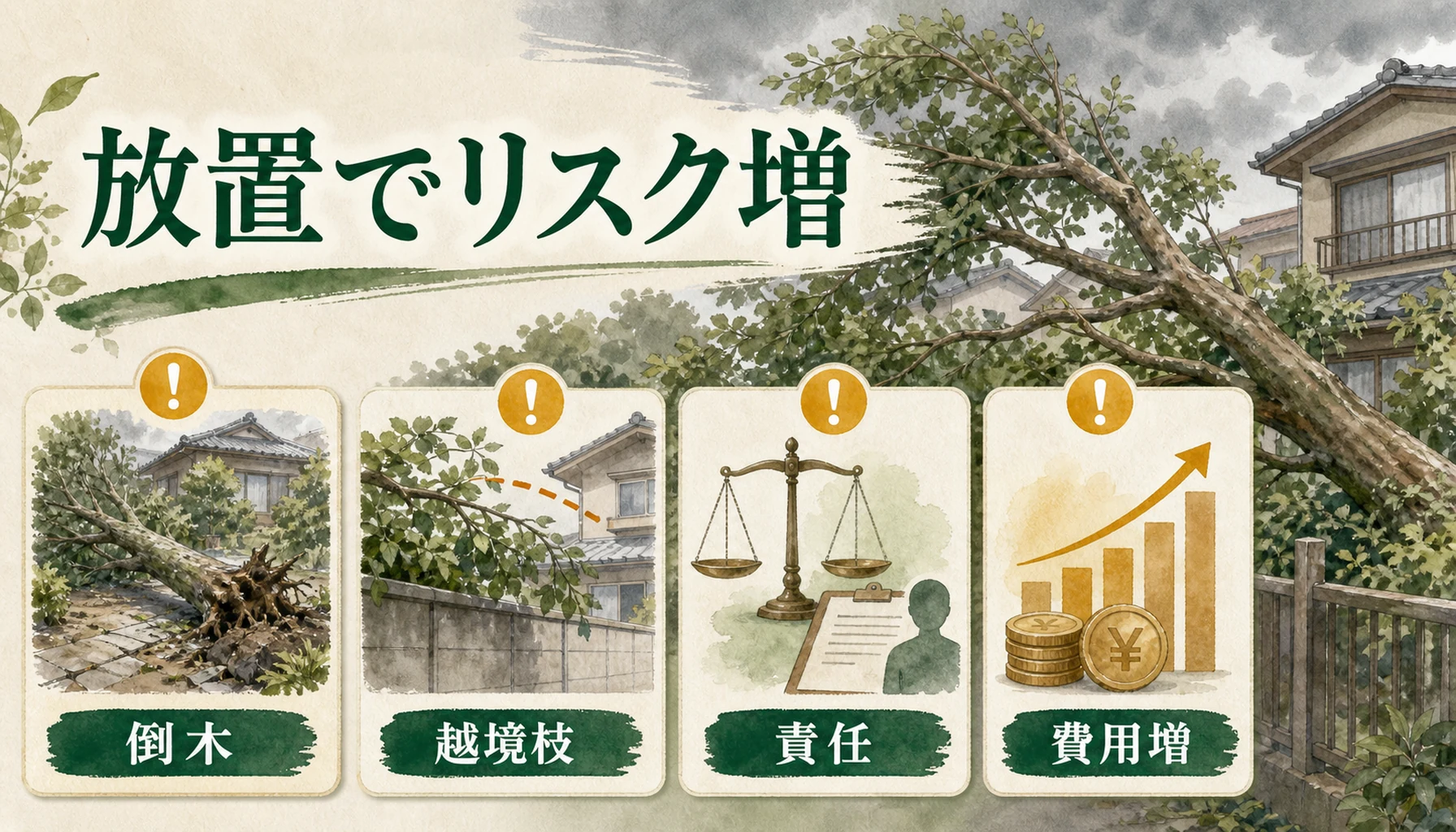 木を放置した場合の倒木・越境枝・賠償・費用増加を示す図解