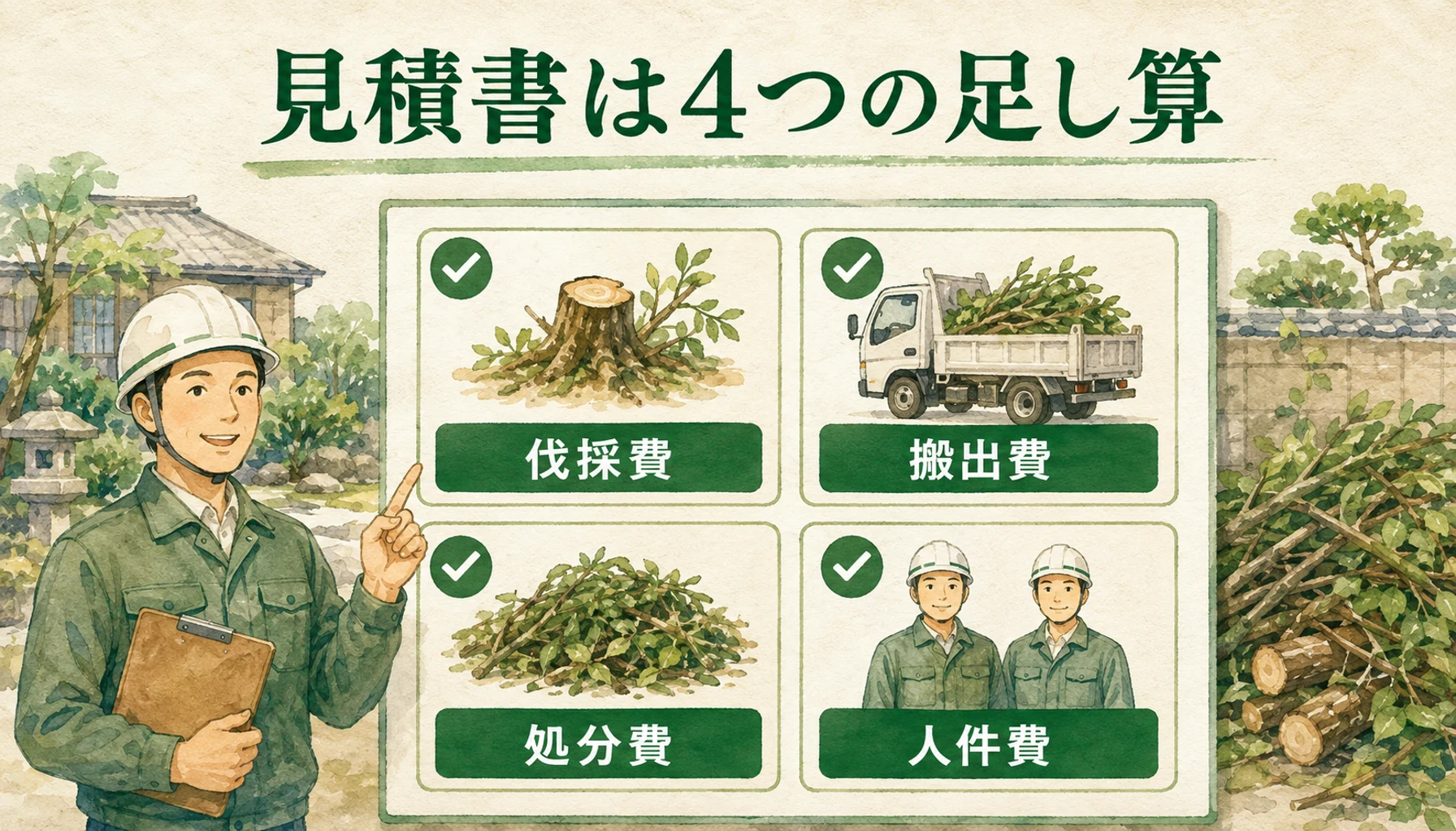 箕面市の伐採記事で、見積書は4つに分かれているをわかりやすく示す図解