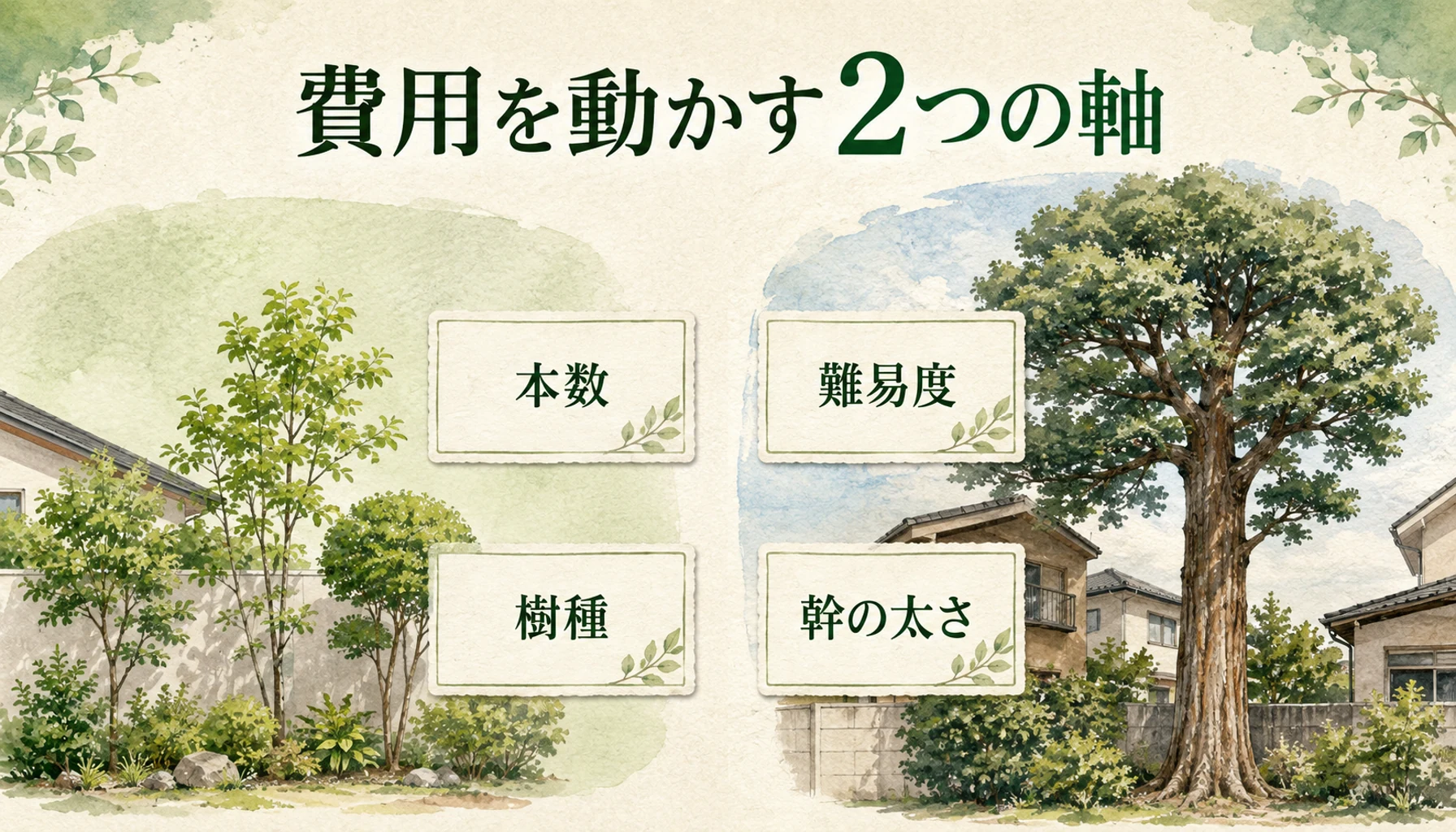 箕面市の伐採記事で、金額が上下する2つの要因をわかりやすく示す図解