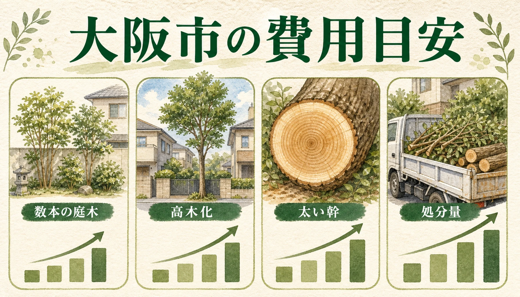 大阪市で庭木を伐採するときの費用目安と上がる条件を示す図解