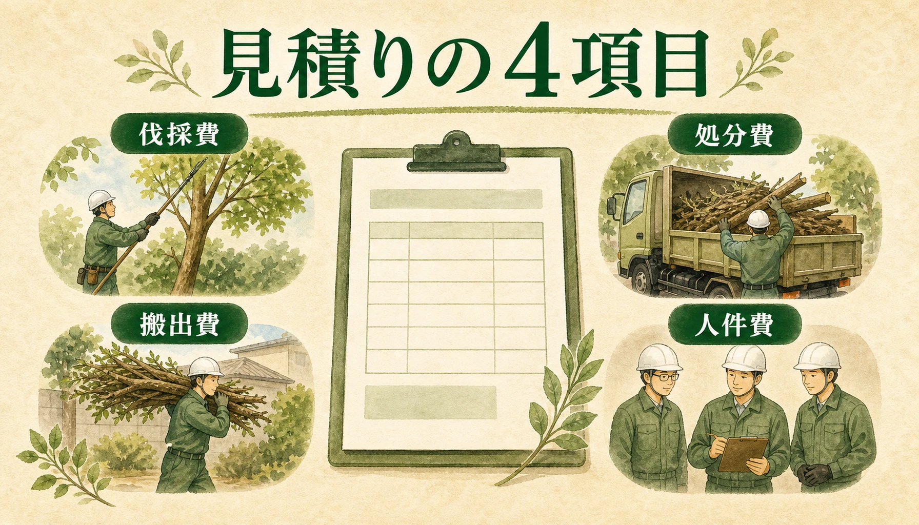 伐採見積もりの伐採費・搬出費・処分費・人件費を示す図解