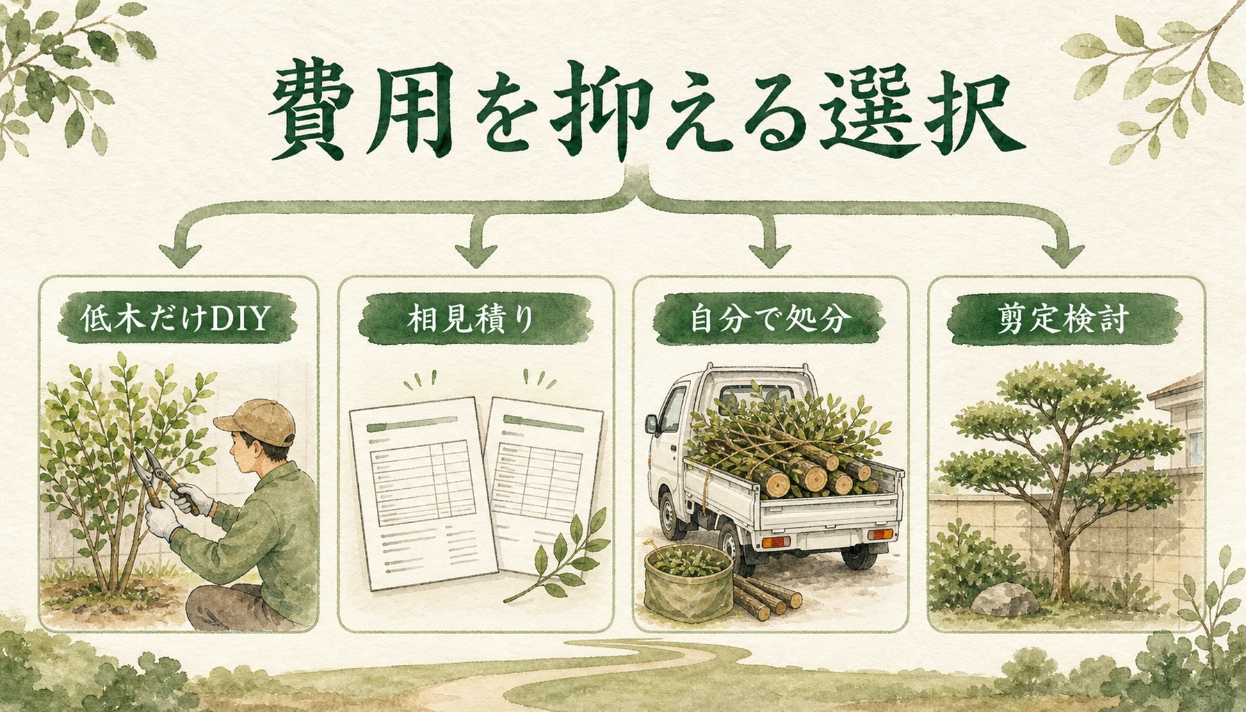 伐採費用を抑えるためのDIY・相見積もり・処分・剪定検討を示す図解
