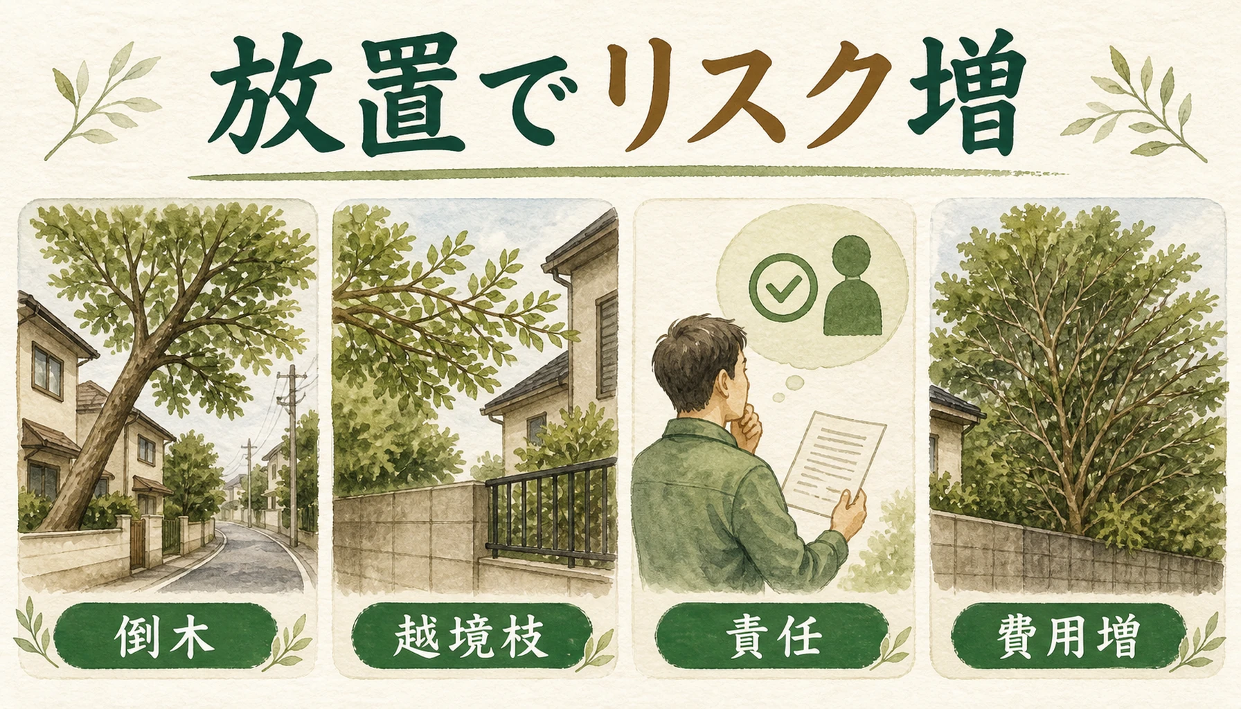 木を放置した場合の倒木・越境枝・責任・費用増加を示す図解