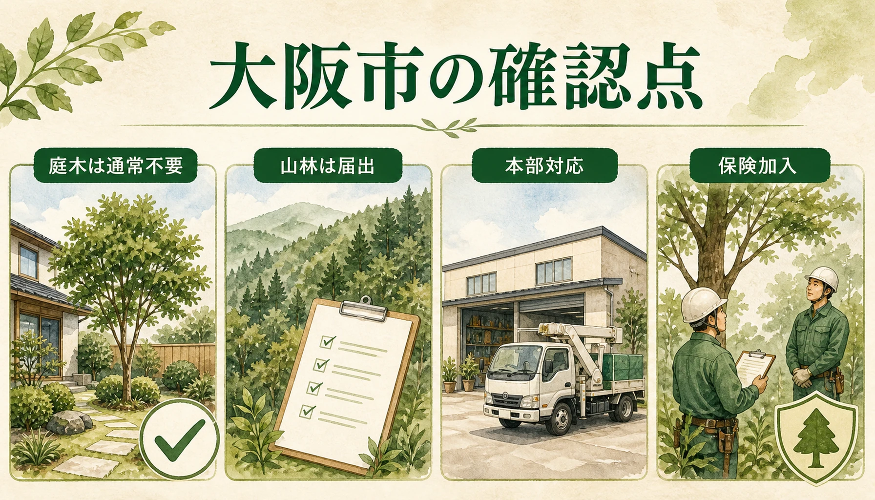 大阪市で伐採前に届出要否と業者対応を確認するポイントを示す図解