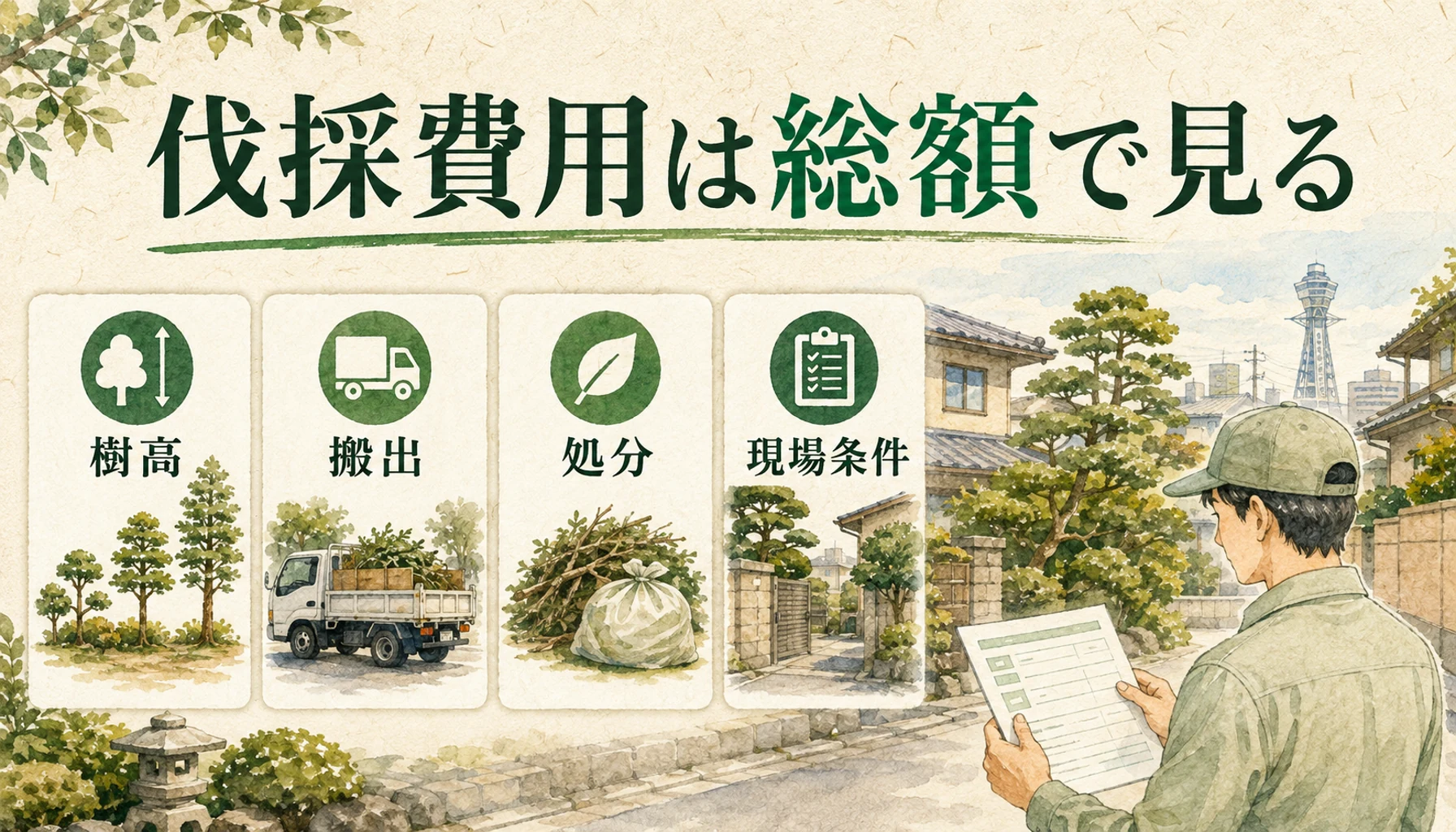 富田林市の伐採記事で、費用の目安をわかりやすく示す図解