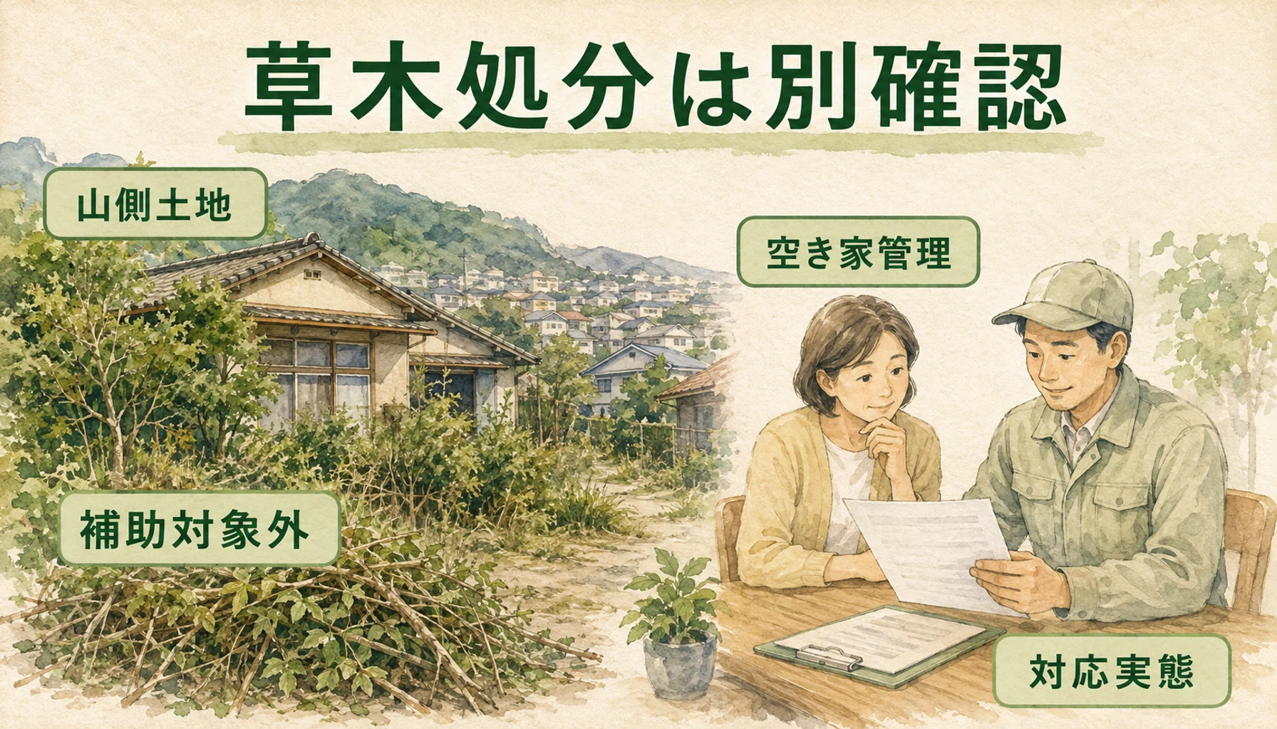 富田林市の伐採記事で、富田林市の空き家と草木処分をわかりやすく示す図解