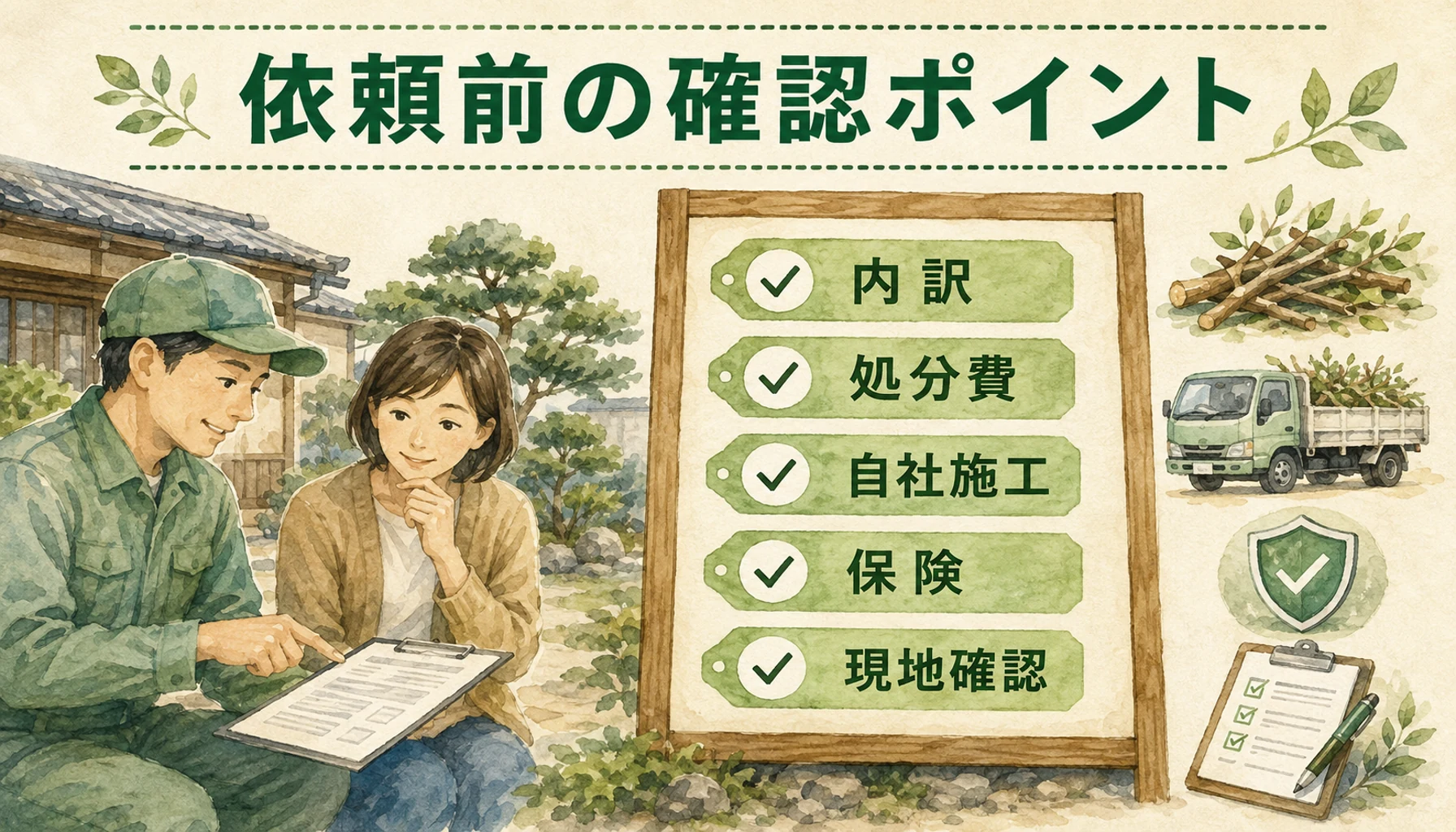 富田林市の伐採記事で、業者選びで見るポイントをわかりやすく示す図解