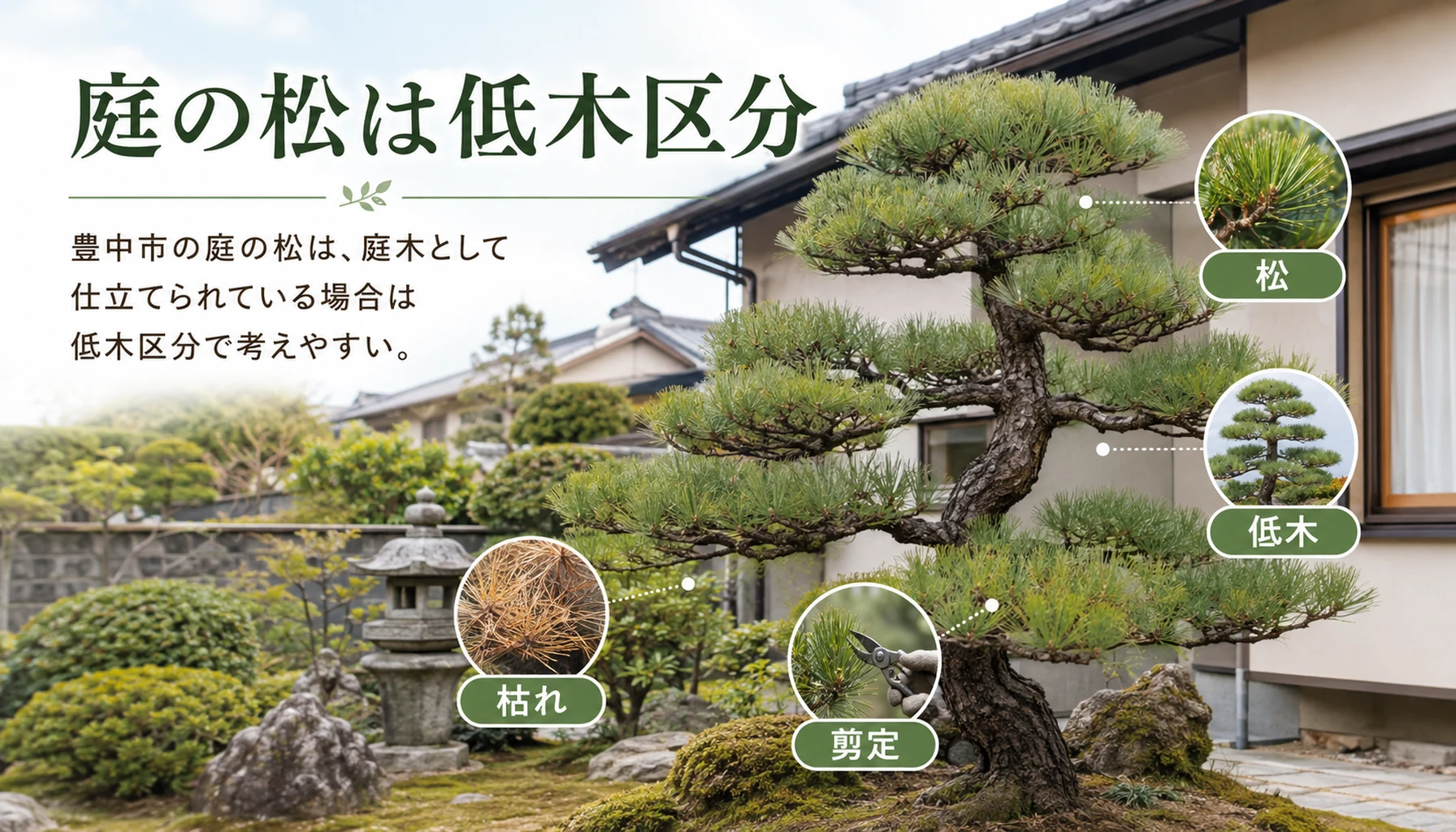 庭の松の伐採費用を低木区分として説明する図解