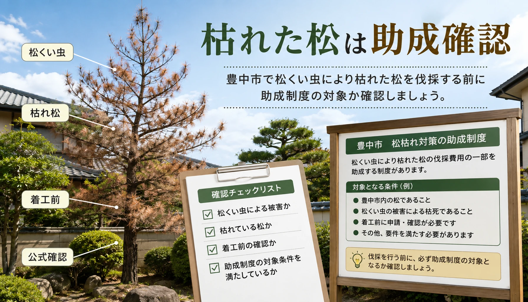 松くい虫で枯れた松の助成確認を促す図解