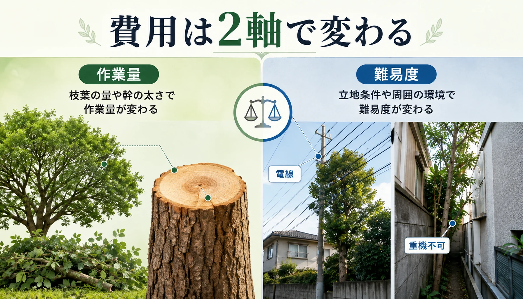 伐採費用が作業量と難易度で変わることを示す図解