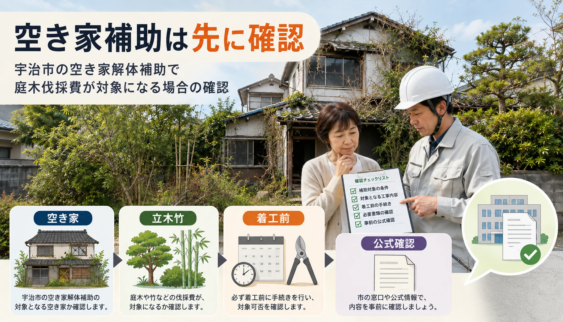 宇治市の空き家解体補助と伐採費対象の確認図解