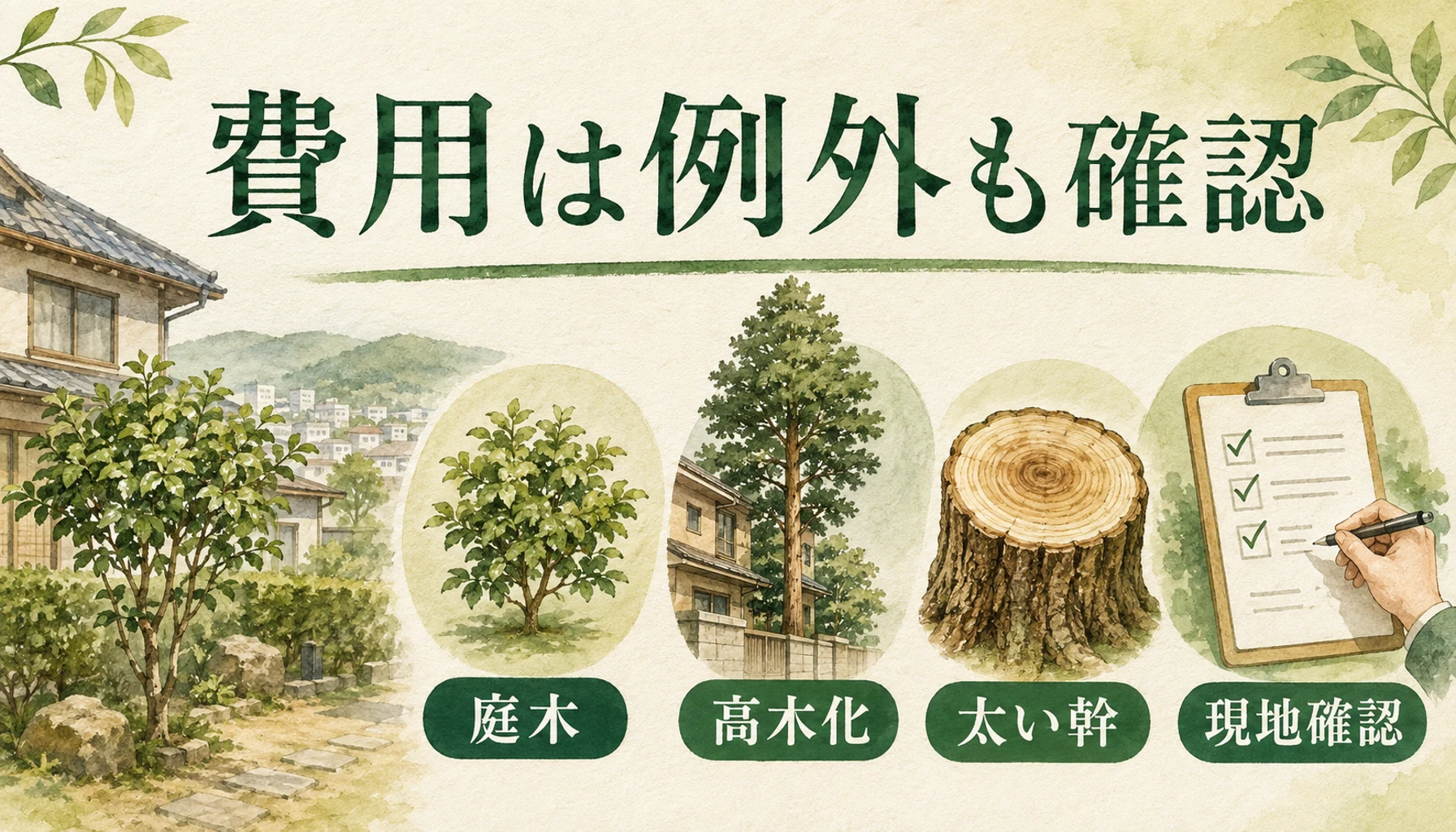 八尾市の庭木伐採費用で高木化や幹の太さによる例外を示す図解