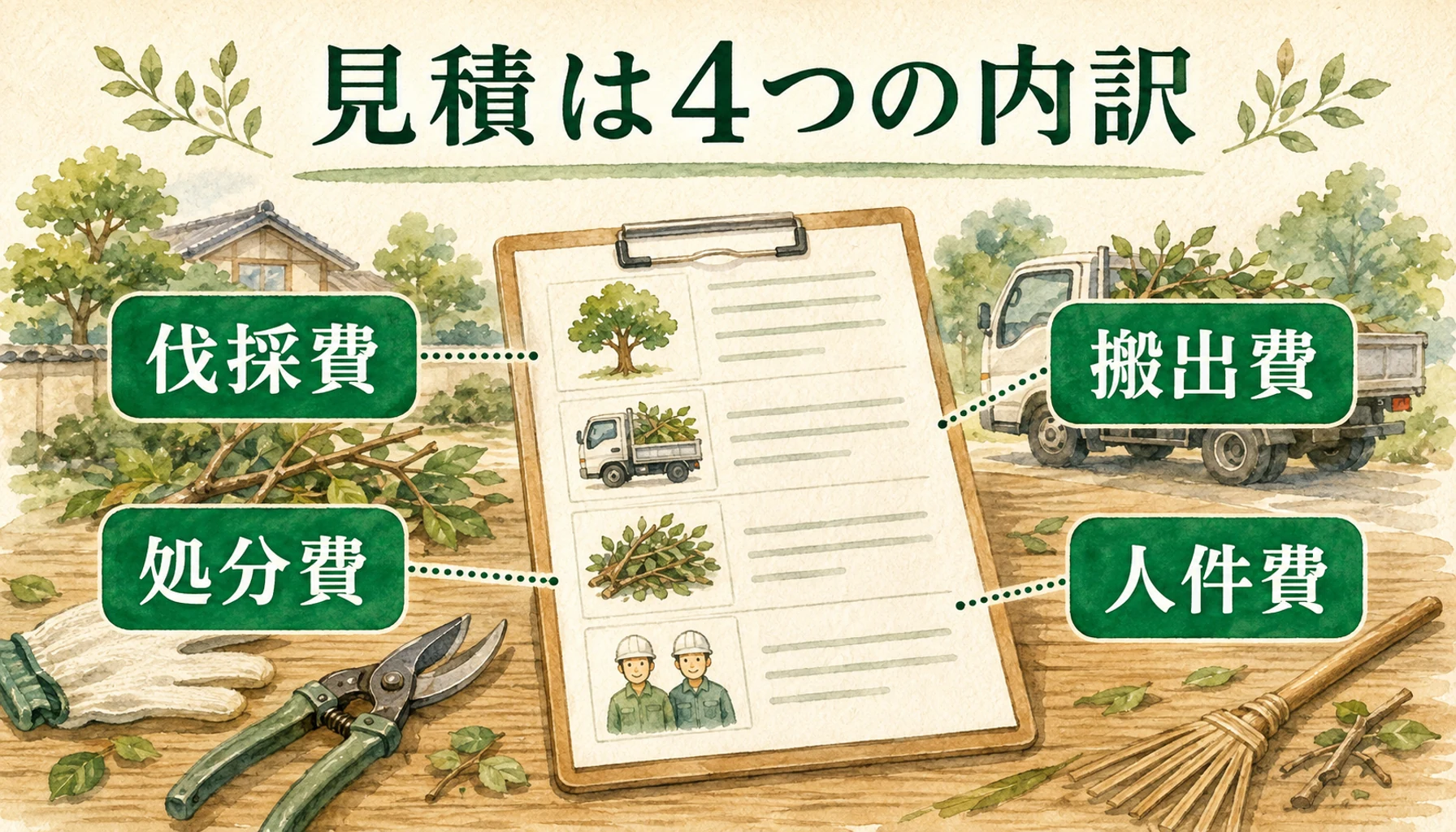 伐採見積もりを伐採費、搬出費、処分費、人件費に分けて確認する図解