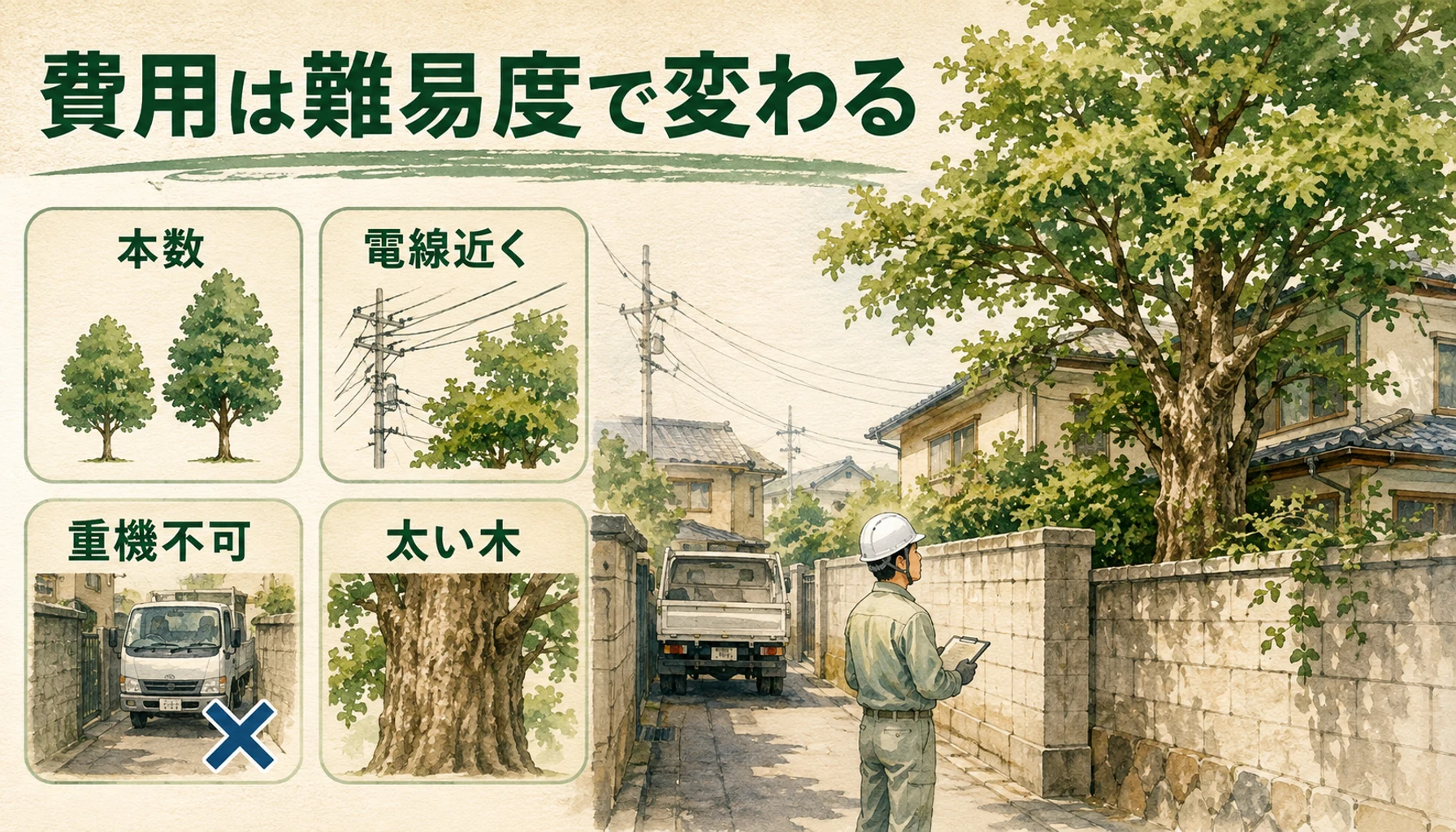 八尾市の伐採費用が本数や電線近く、重機不可、太い木で変わることを示す図解