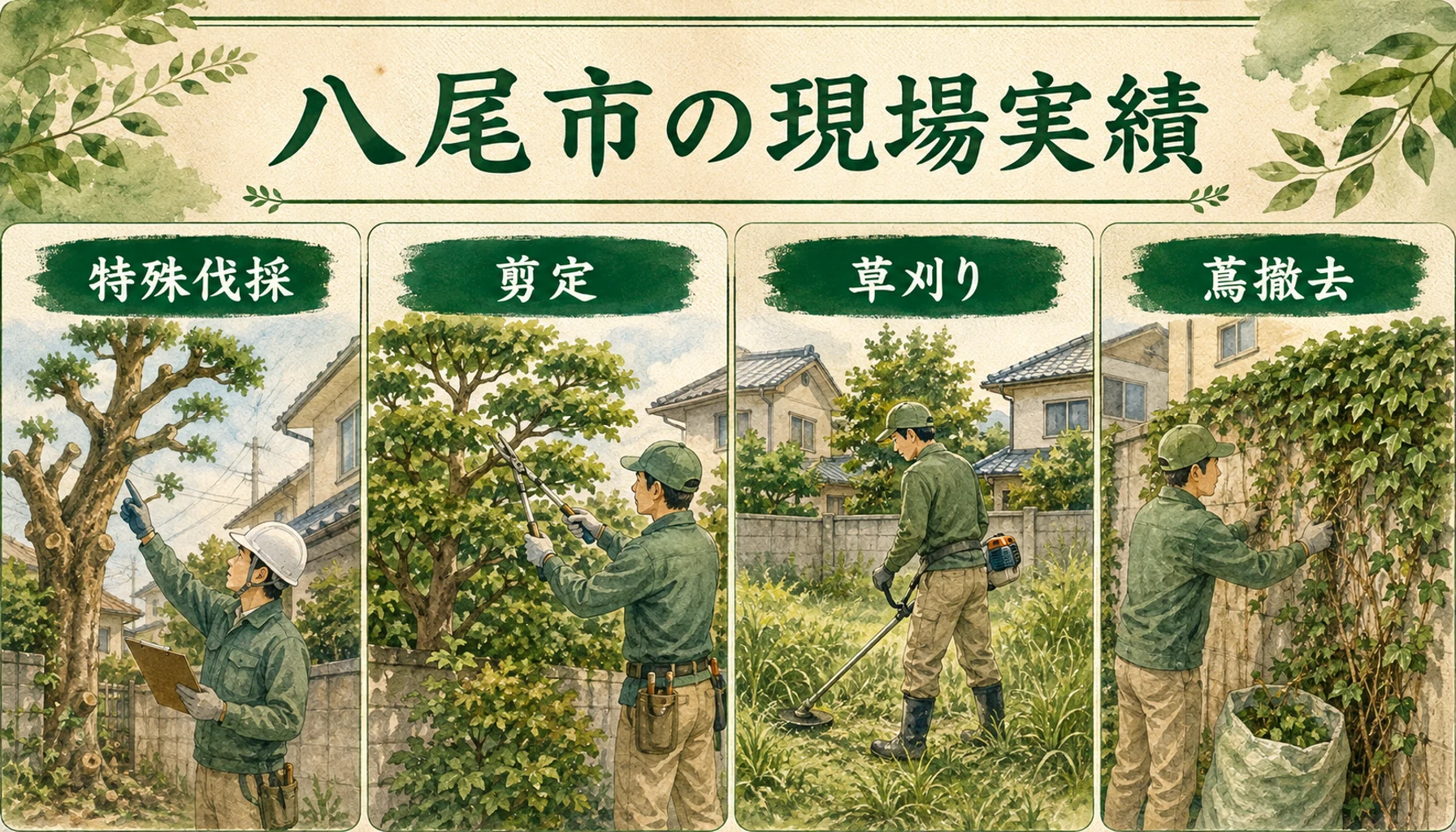 八尾市での特殊伐採、剪定、草刈り、蔦撤去の施工事例を示す図解