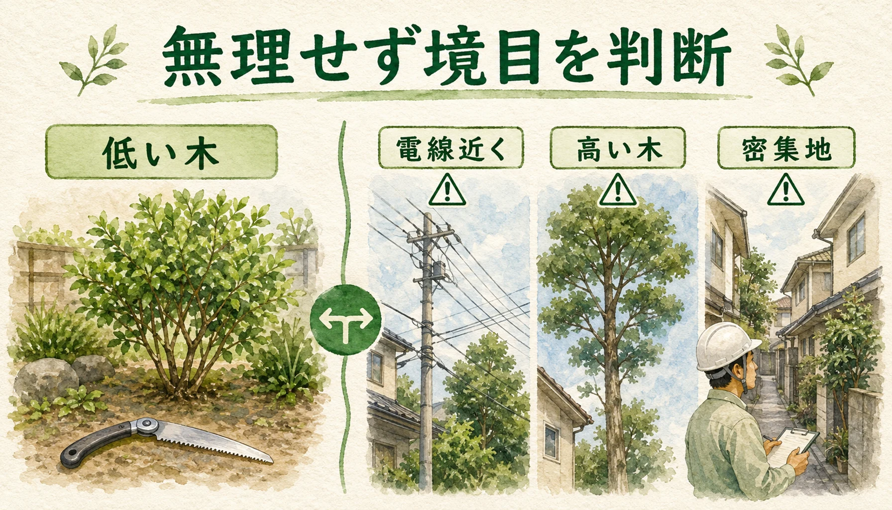 自分で切れる木と業者に頼むべき木の判断基準を示す図解