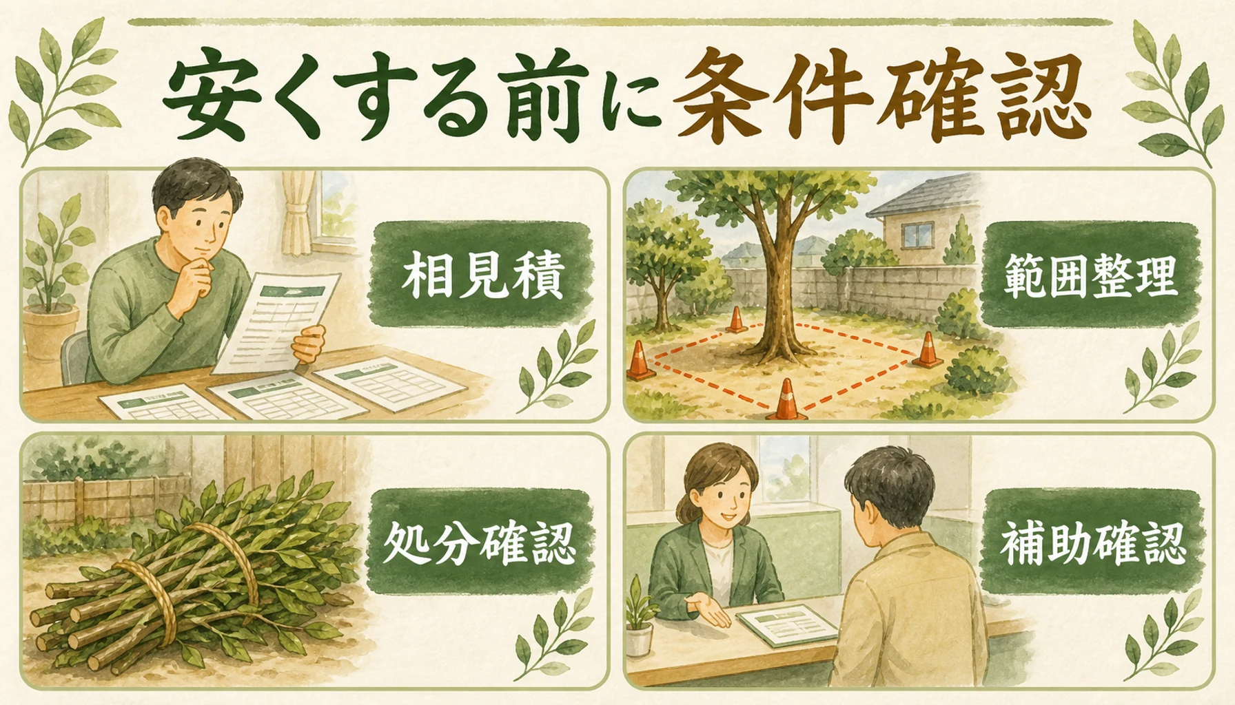 伐採費用を抑える前に相見積もりや作業範囲、処分費、補助制度を確認する図解