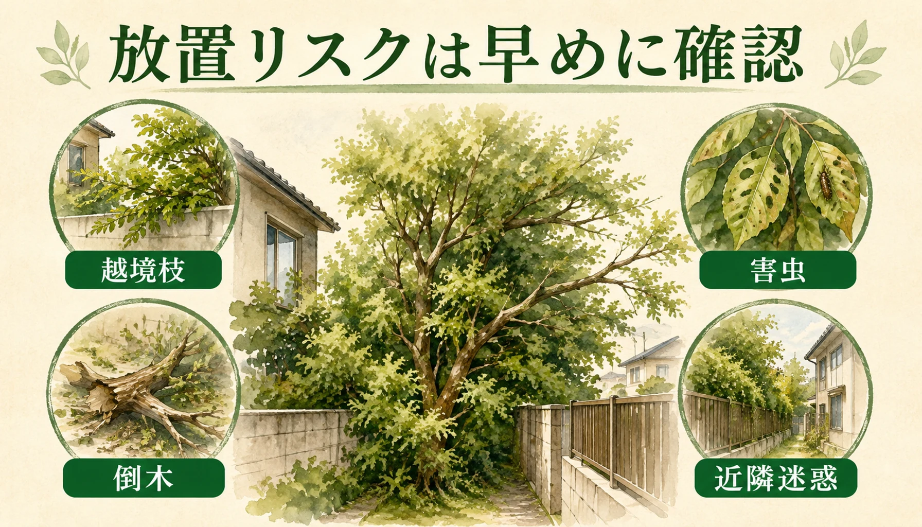 庭木を放置した場合の越境枝、倒木、害虫、近隣迷惑のリスクを示す図解
