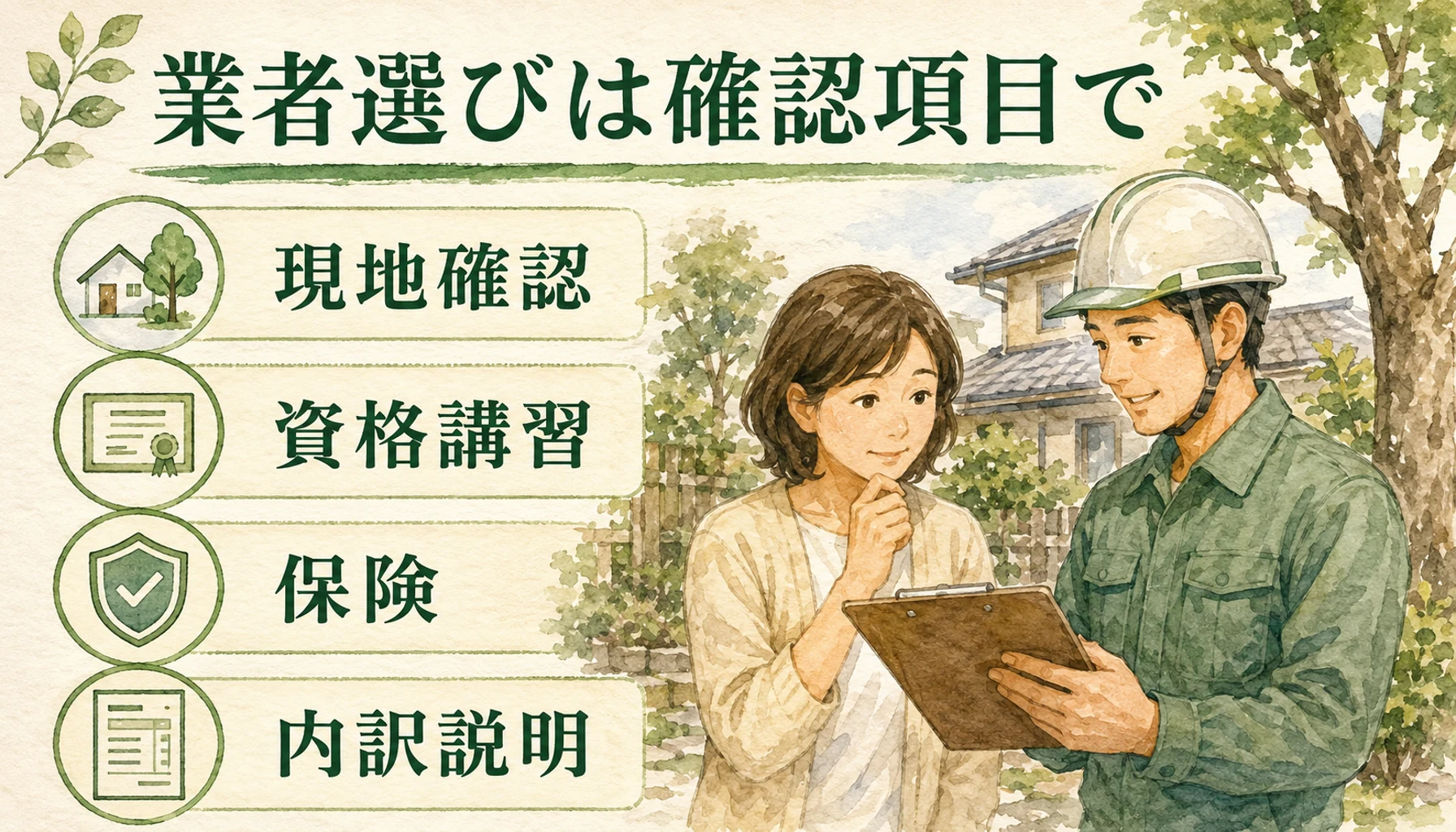 八尾市で伐採業者を選ぶ際に現地確認、資格講習、保険、内訳説明を確認する図解