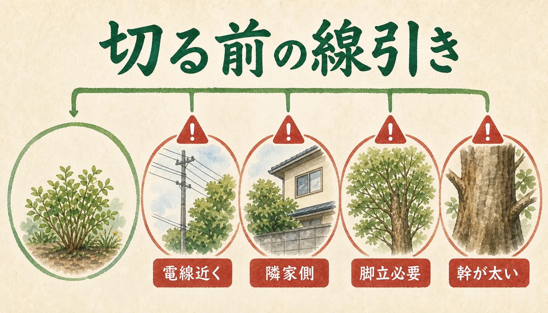 自分で木を切らないほうがいい条件を電線・隣家・脚立・太い幹で示す図解