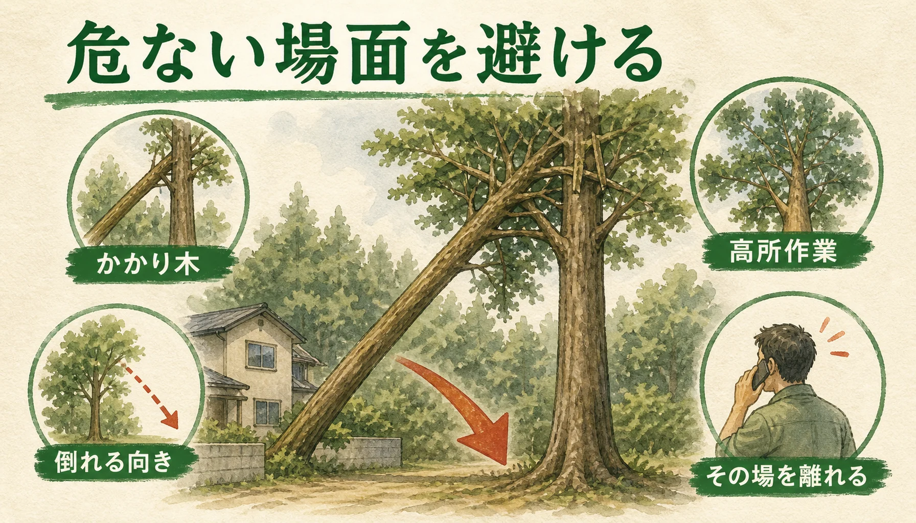 木の伐採で危ない場面をかかり木・高所作業・倒れる向きで示す注意図解